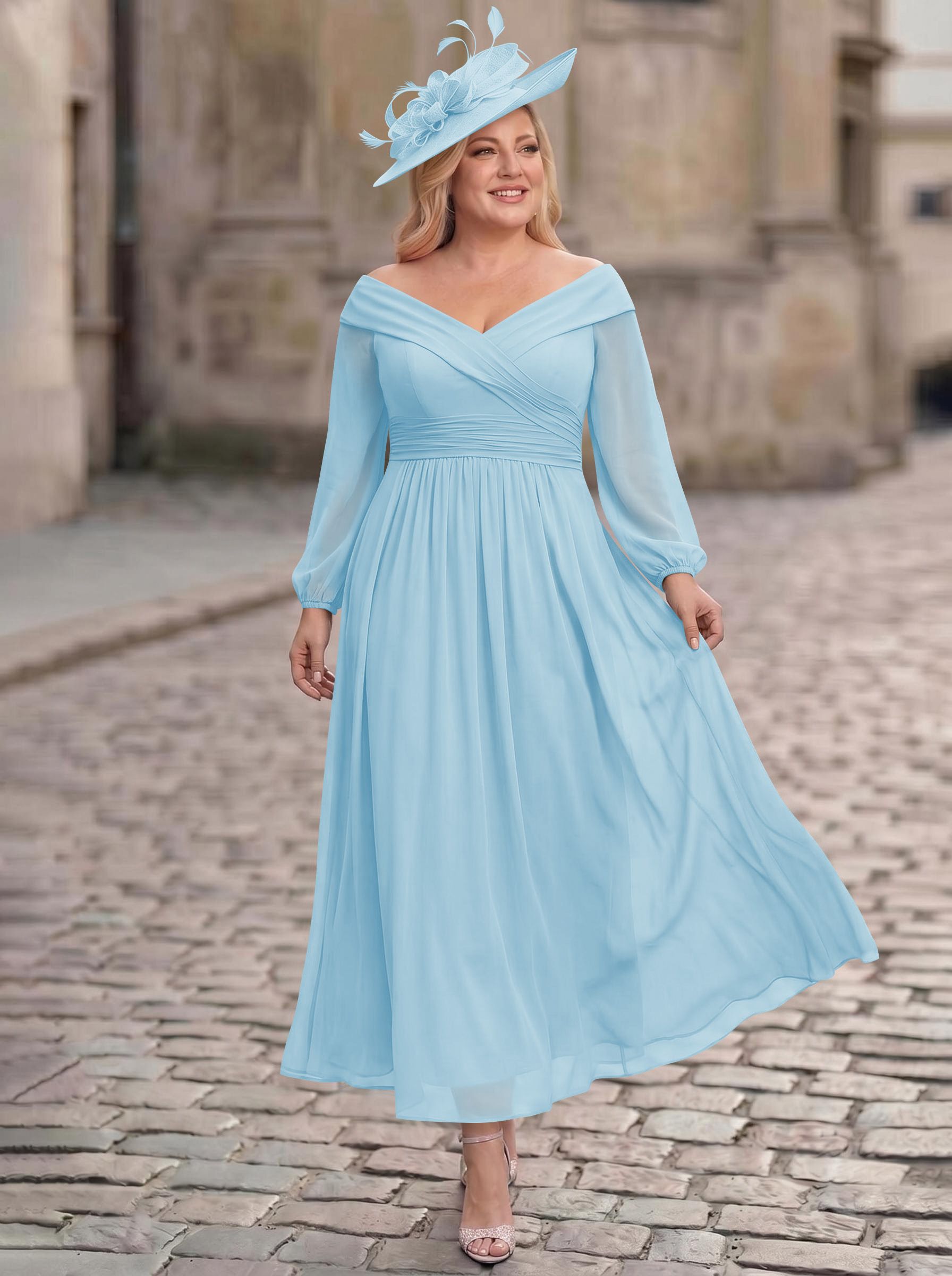 A-Line Off-The-Shoulder Long Sleeves Ankle-Length Chiffon Mother Of The Bride Dresses With Pleated