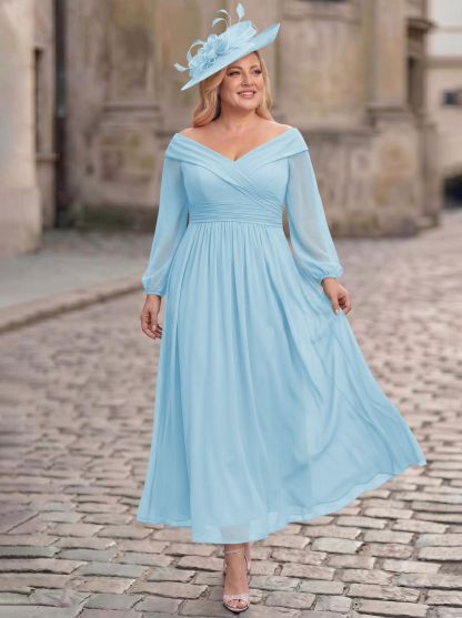 A-Line Off-The-Shoulder Long Sleeves Ankle-Length Chiffon Mother Of The Bride Dresses With Pleated