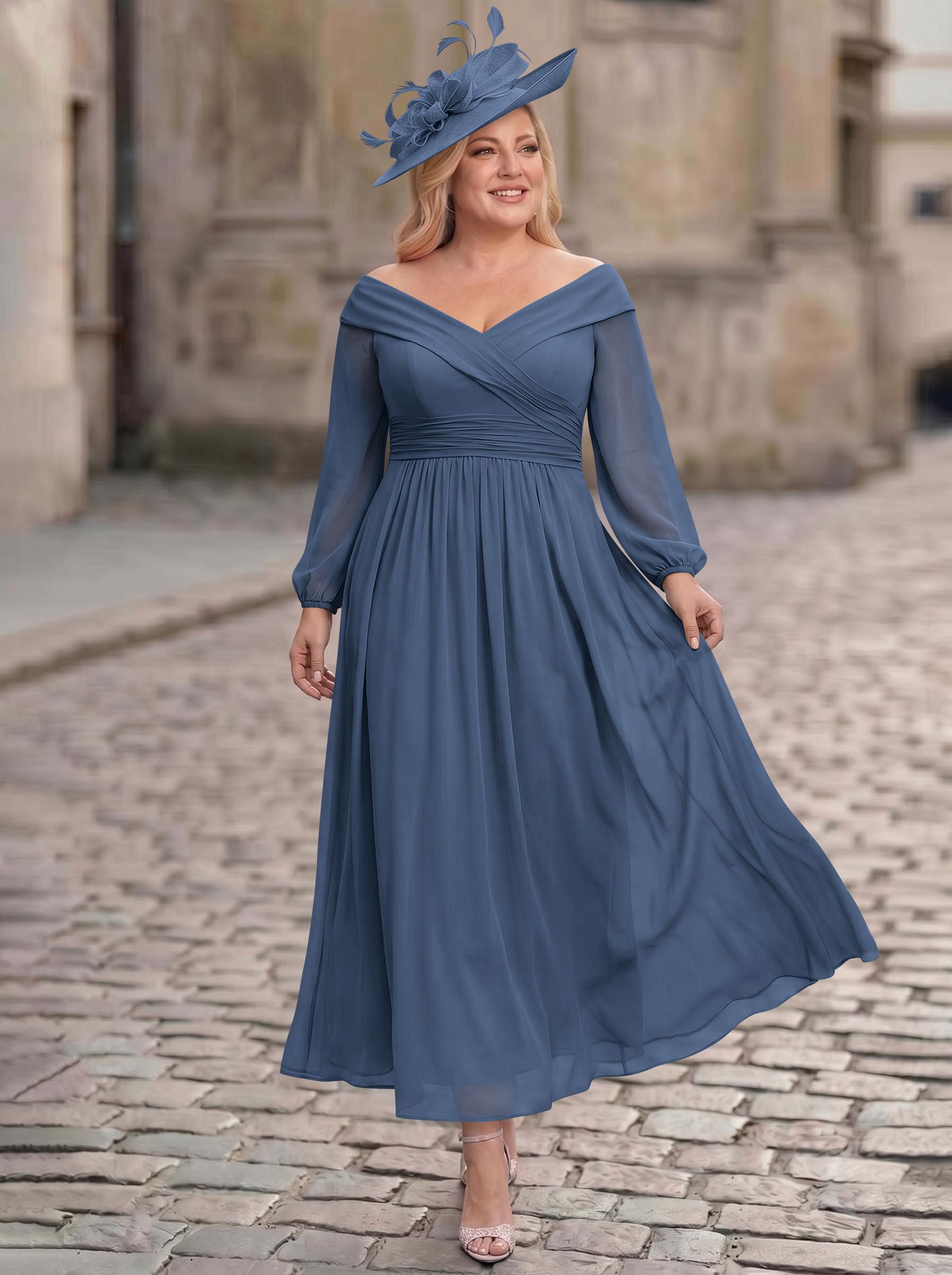 A-Line Off-The-Shoulder Long Sleeves Ankle-Length Chiffon Mother Of The Bride Dresses With Pleated