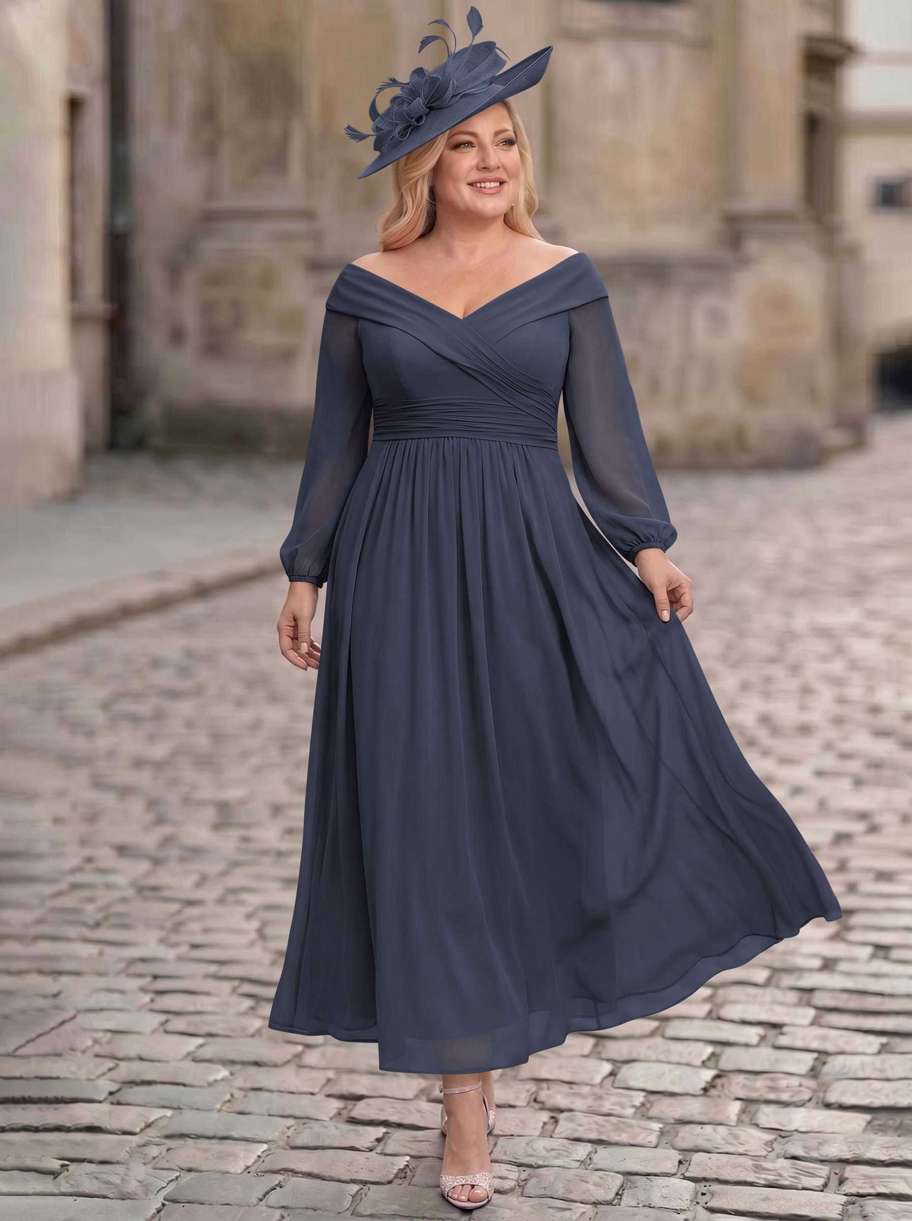 A-Line Off-The-Shoulder Long Sleeves Ankle-Length Chiffon Mother Of The Bride Dresses With Pleated