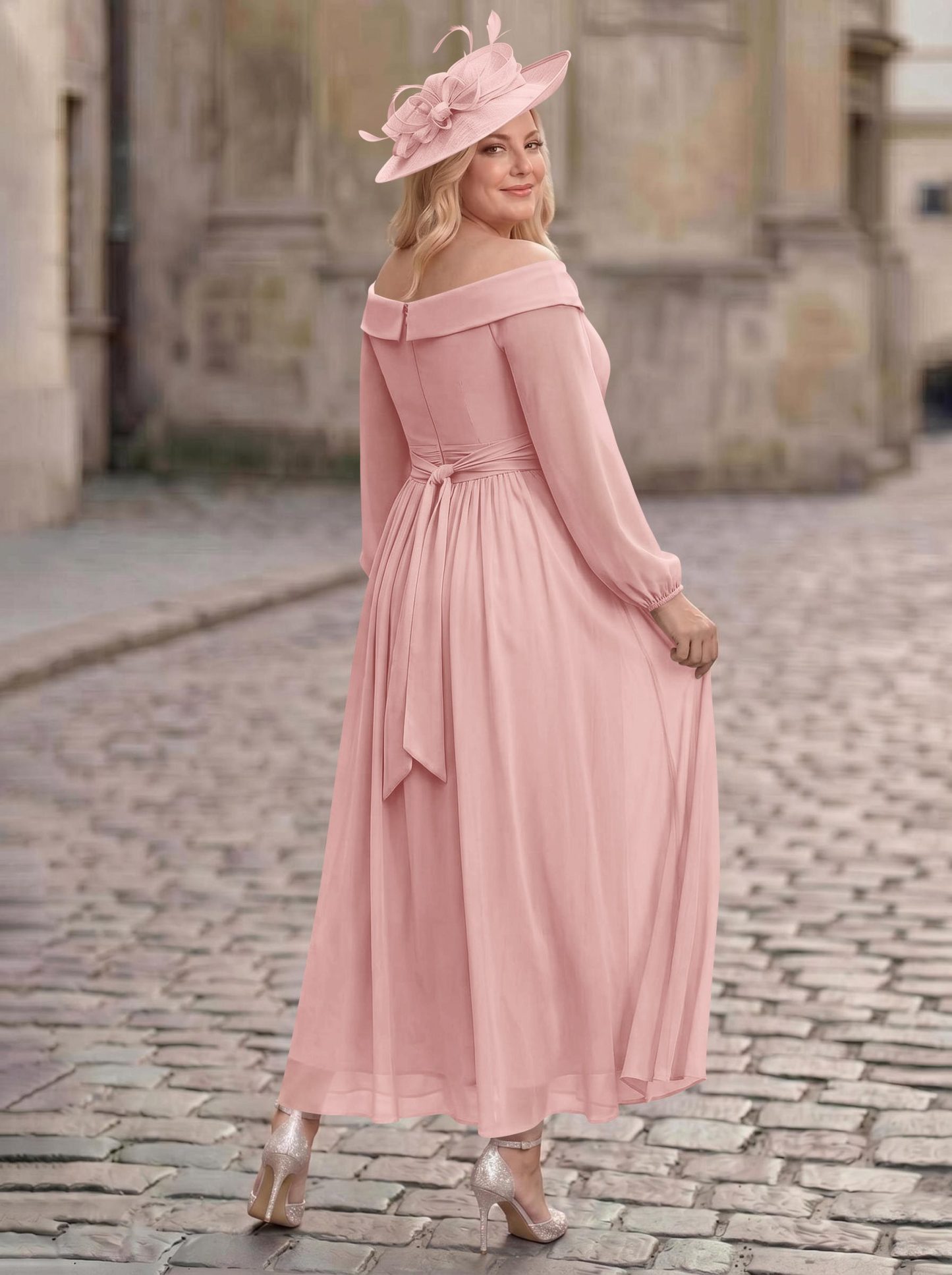 A-Line Off-The-Shoulder Long Sleeves Ankle-Length Chiffon Mother Of The Bride Dresses With Pleated