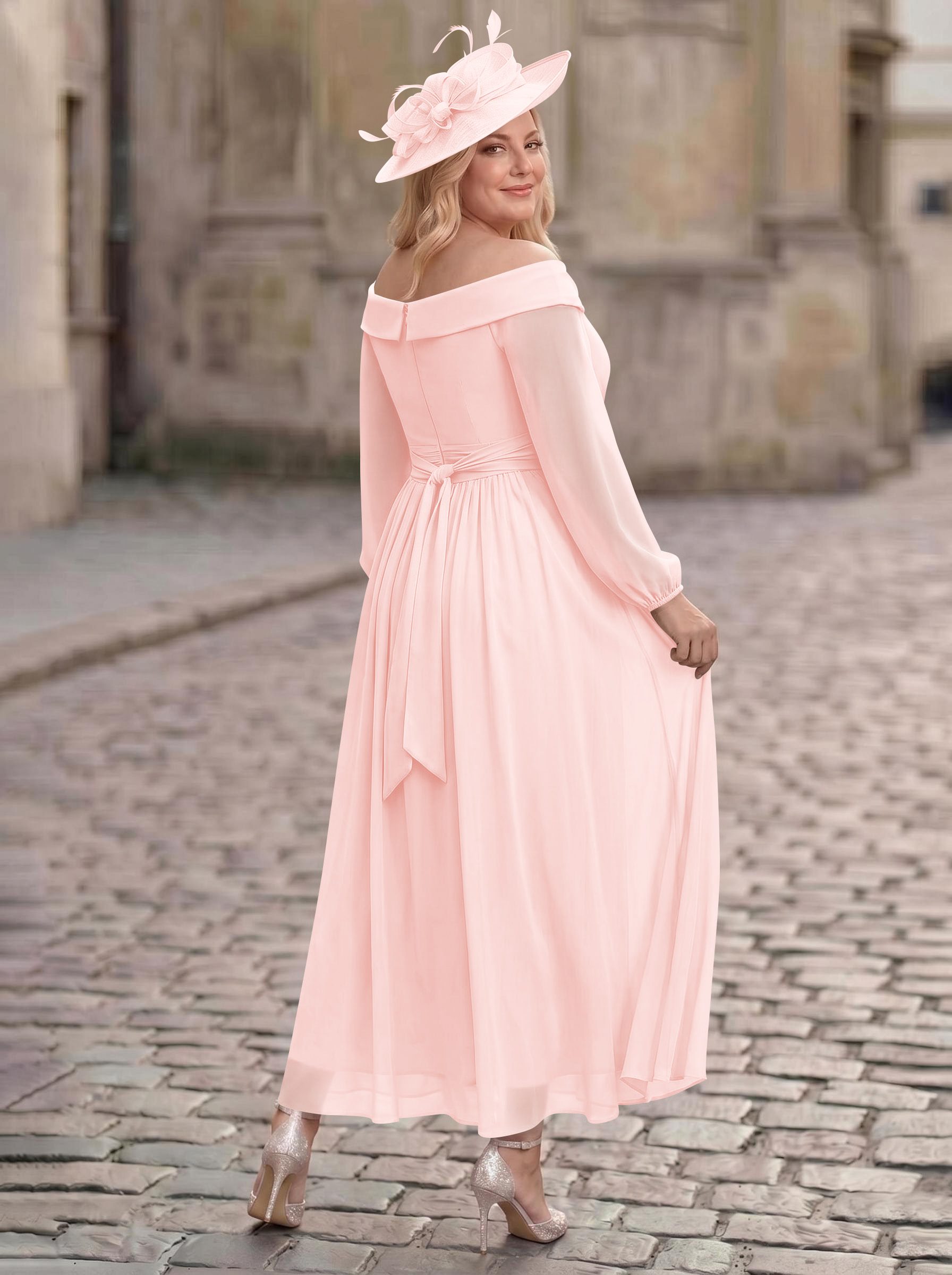 A-Line Off-The-Shoulder Long Sleeves Ankle-Length Chiffon Mother Of The Bride Dresses With Pleated