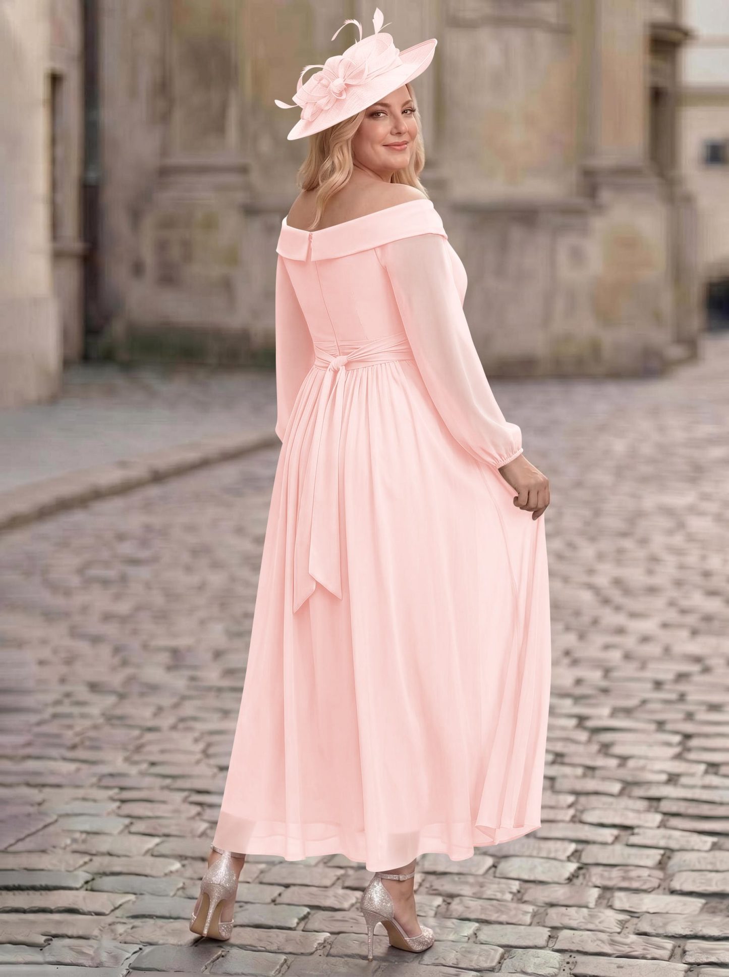 A-Line Off-The-Shoulder Long Sleeves Ankle-Length Chiffon Mother Of The Bride Dresses With Pleated