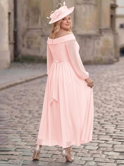 A-Line Off-The-Shoulder Long Sleeves Ankle-Length Chiffon Mother Of The Bride Dresses With Pleated