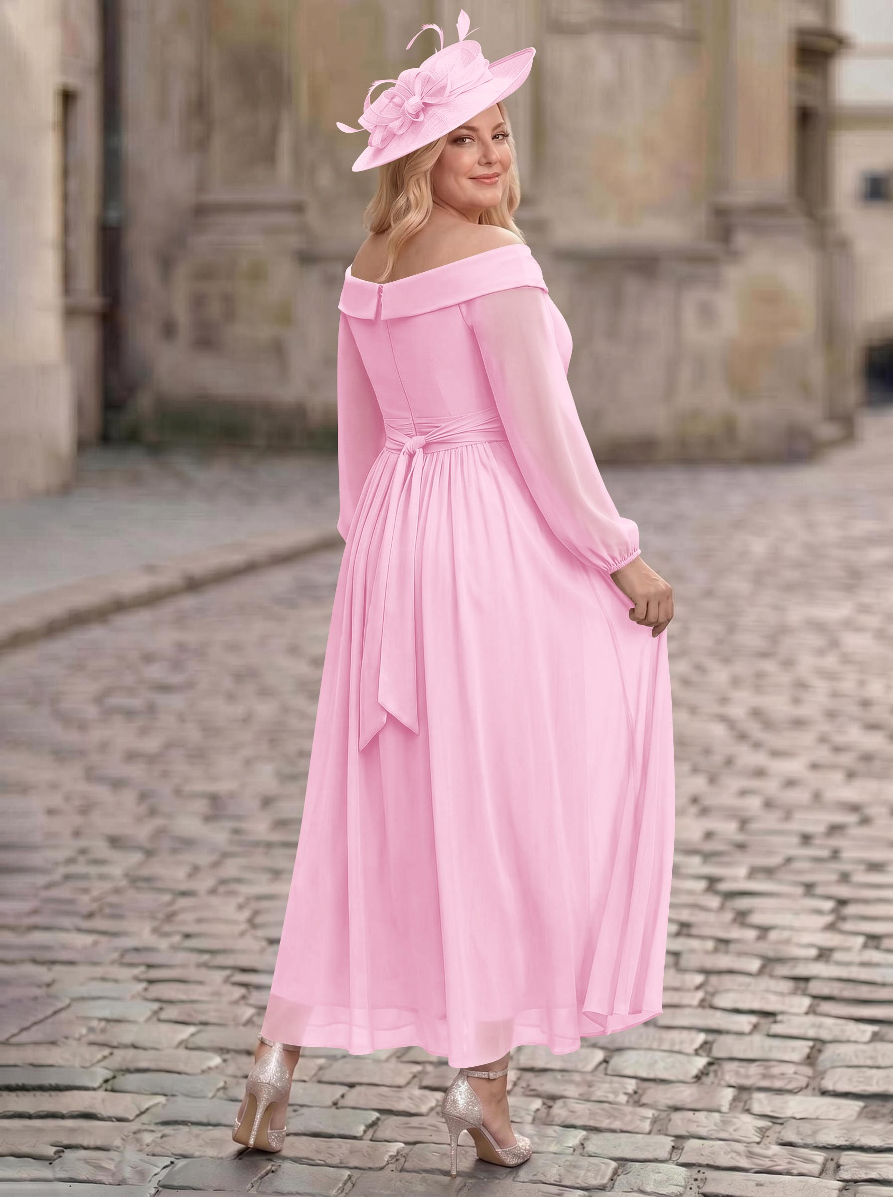 A-Line Off-The-Shoulder Long Sleeves Ankle-Length Chiffon Mother Of The Bride Dresses With Pleated