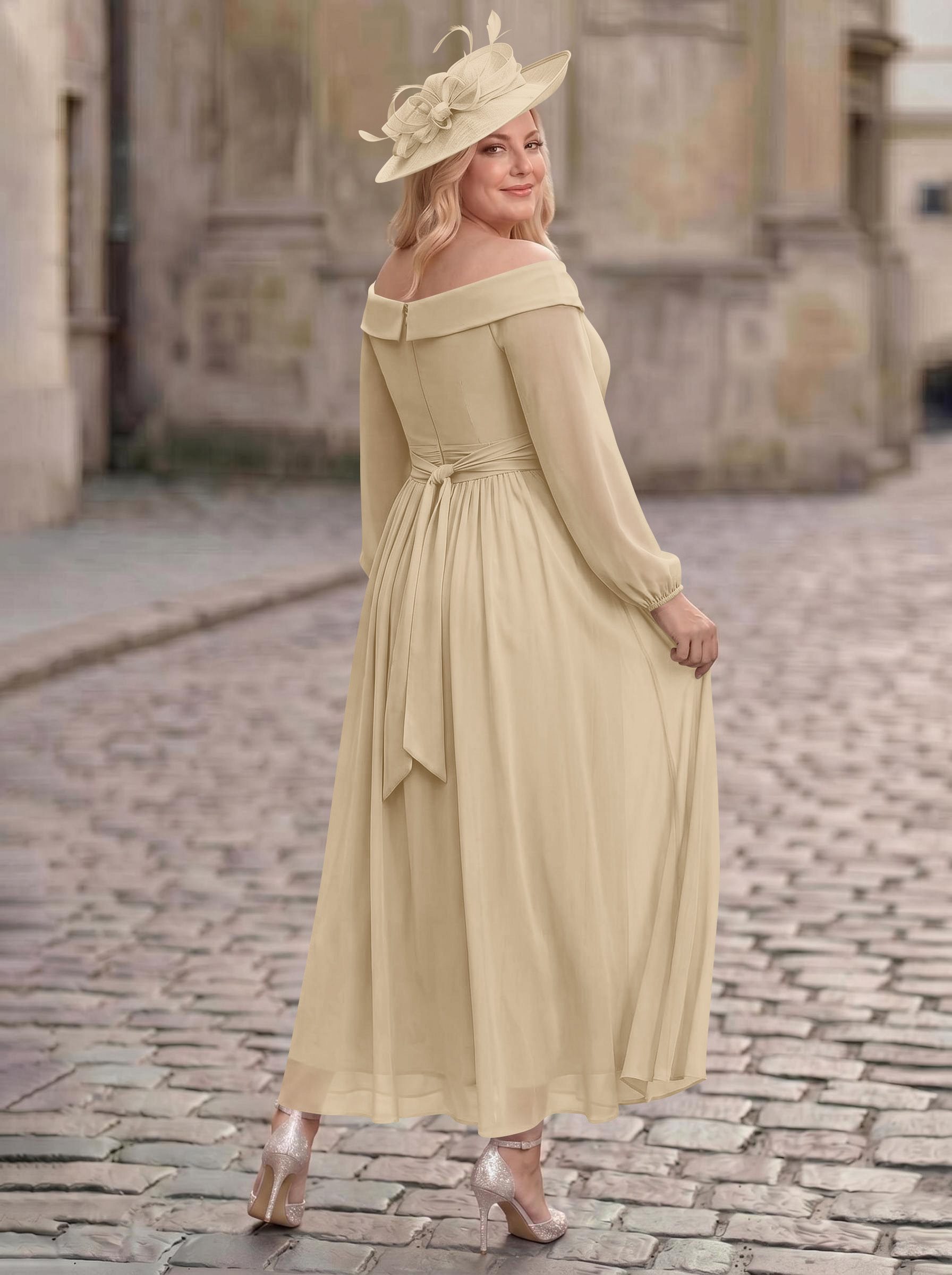 A-Line Off-The-Shoulder Long Sleeves Ankle-Length Chiffon Mother Of The Bride Dresses With Pleated
