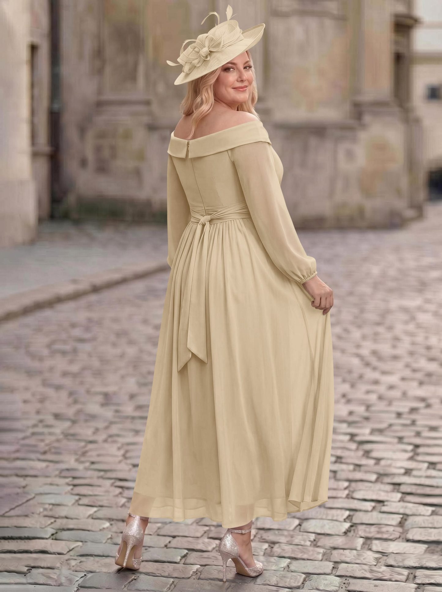 A-Line Off-The-Shoulder Long Sleeves Ankle-Length Chiffon Mother Of The Bride Dresses With Pleated