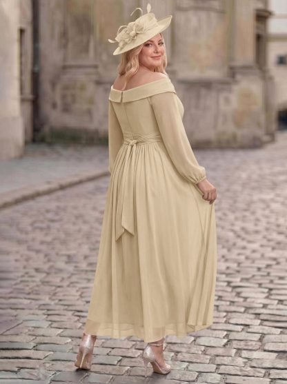 A-Line Off-The-Shoulder Long Sleeves Ankle-Length Chiffon Mother Of The Bride Dresses With Pleated