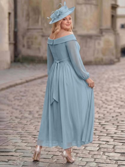 A-Line Off-The-Shoulder Long Sleeves Ankle-Length Chiffon Mother Of The Bride Dresses With Pleated