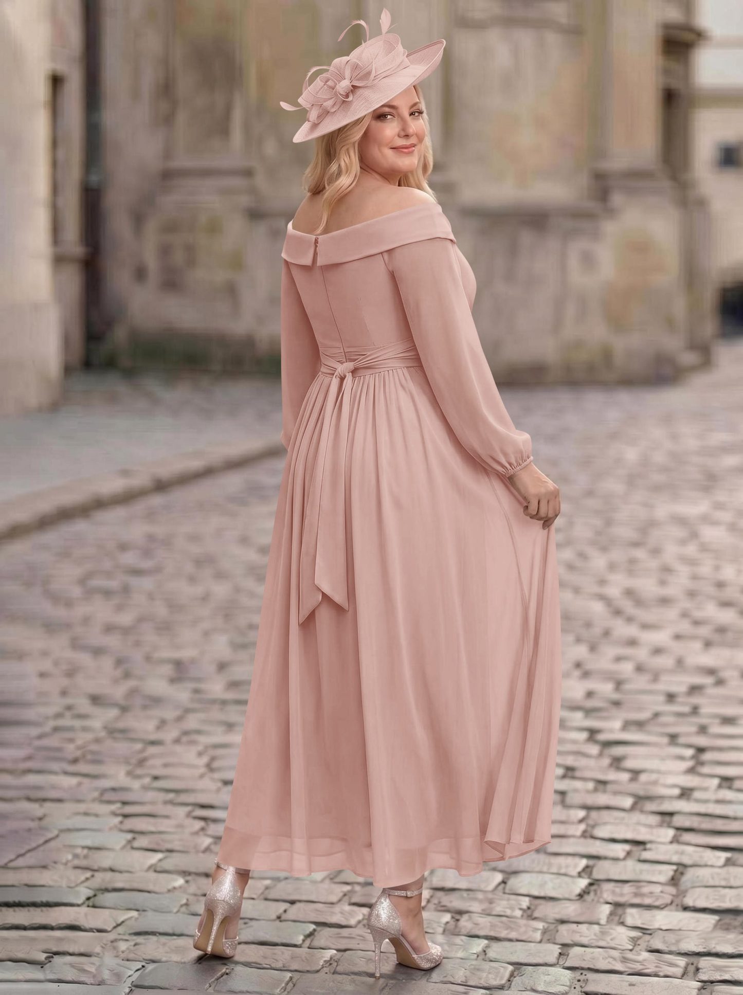 A-Line Off-The-Shoulder Long Sleeves Ankle-Length Chiffon Mother Of The Bride Dresses With Pleated