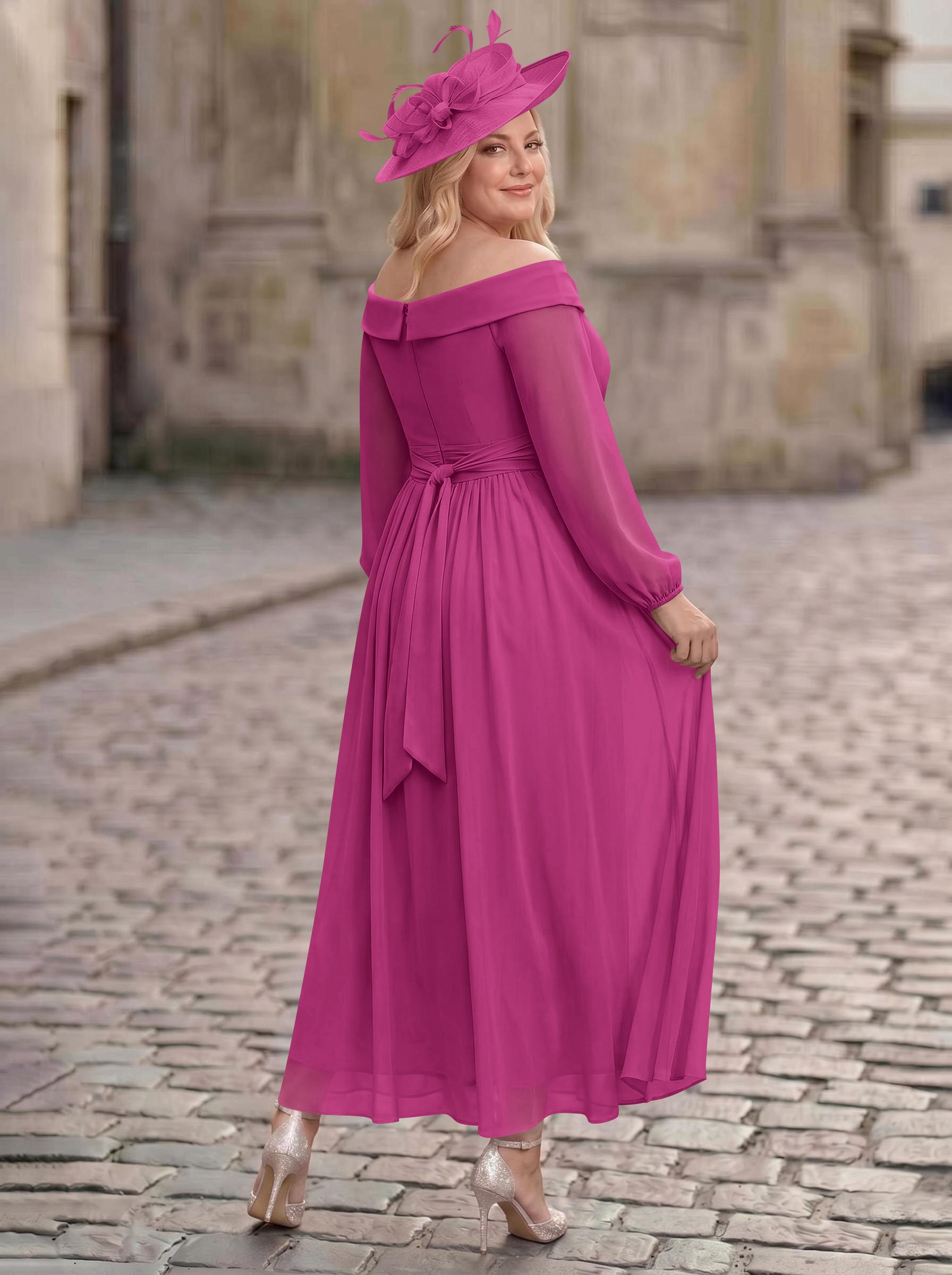 A-Line Off-The-Shoulder Long Sleeves Ankle-Length Chiffon Mother Of The Bride Dresses With Pleated