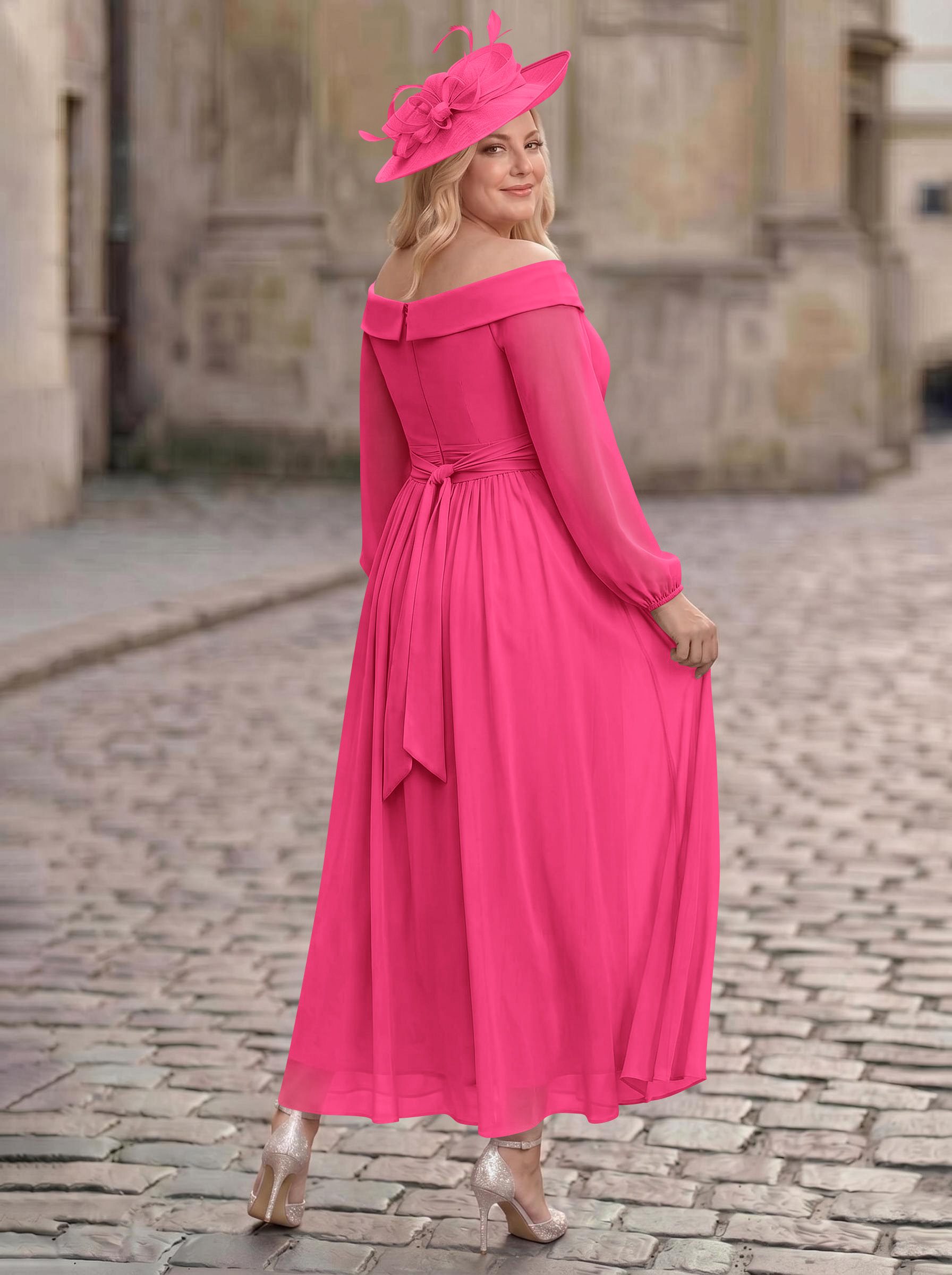 A-Line Off-The-Shoulder Long Sleeves Ankle-Length Chiffon Mother Of The Bride Dresses With Pleated