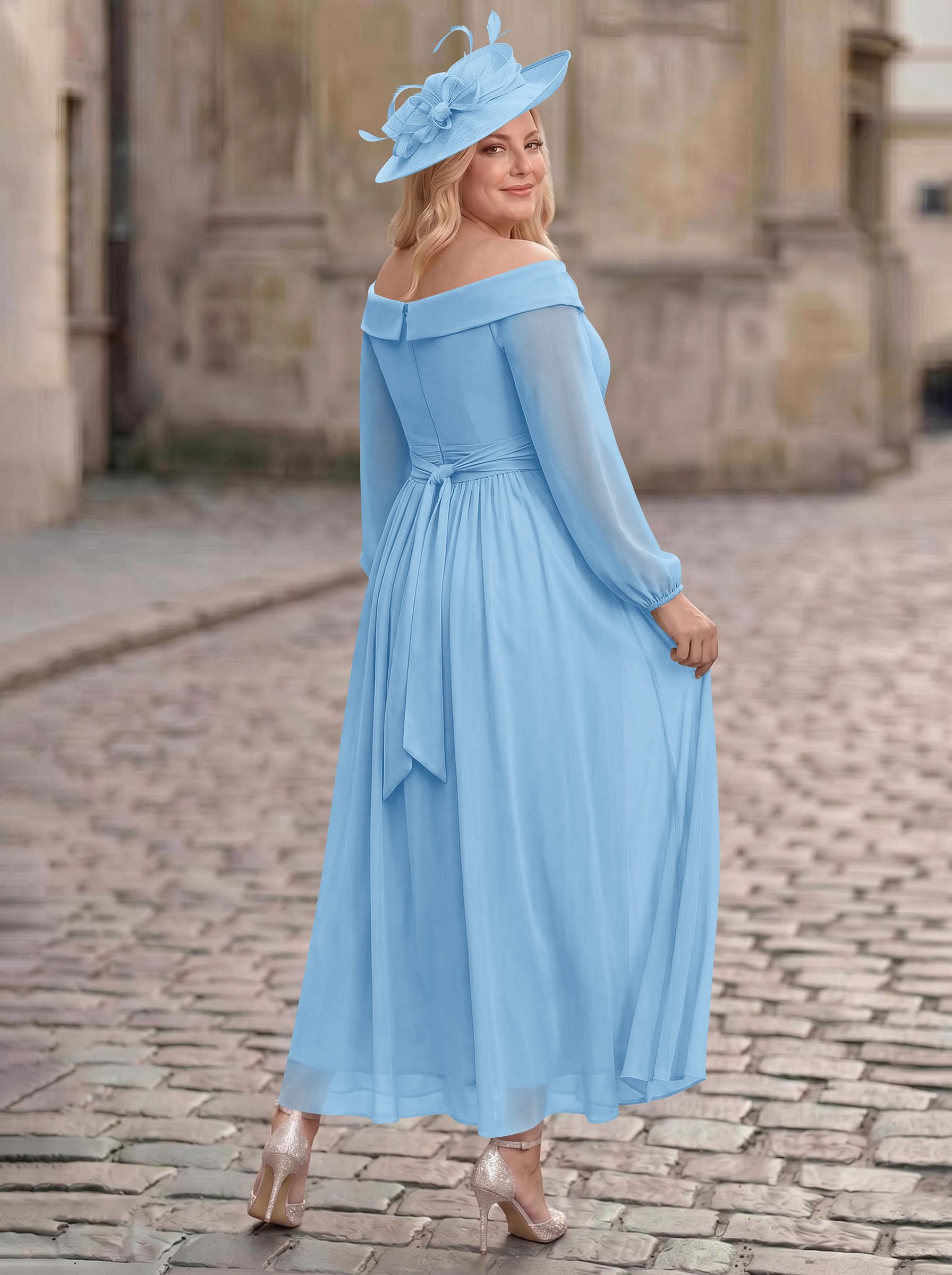 A-Line Off-The-Shoulder Long Sleeves Ankle-Length Chiffon Mother Of The Bride Dresses With Pleated