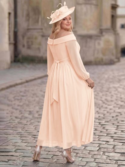 A-Line Off-The-Shoulder Long Sleeves Ankle-Length Chiffon Mother Of The Bride Dresses With Pleated