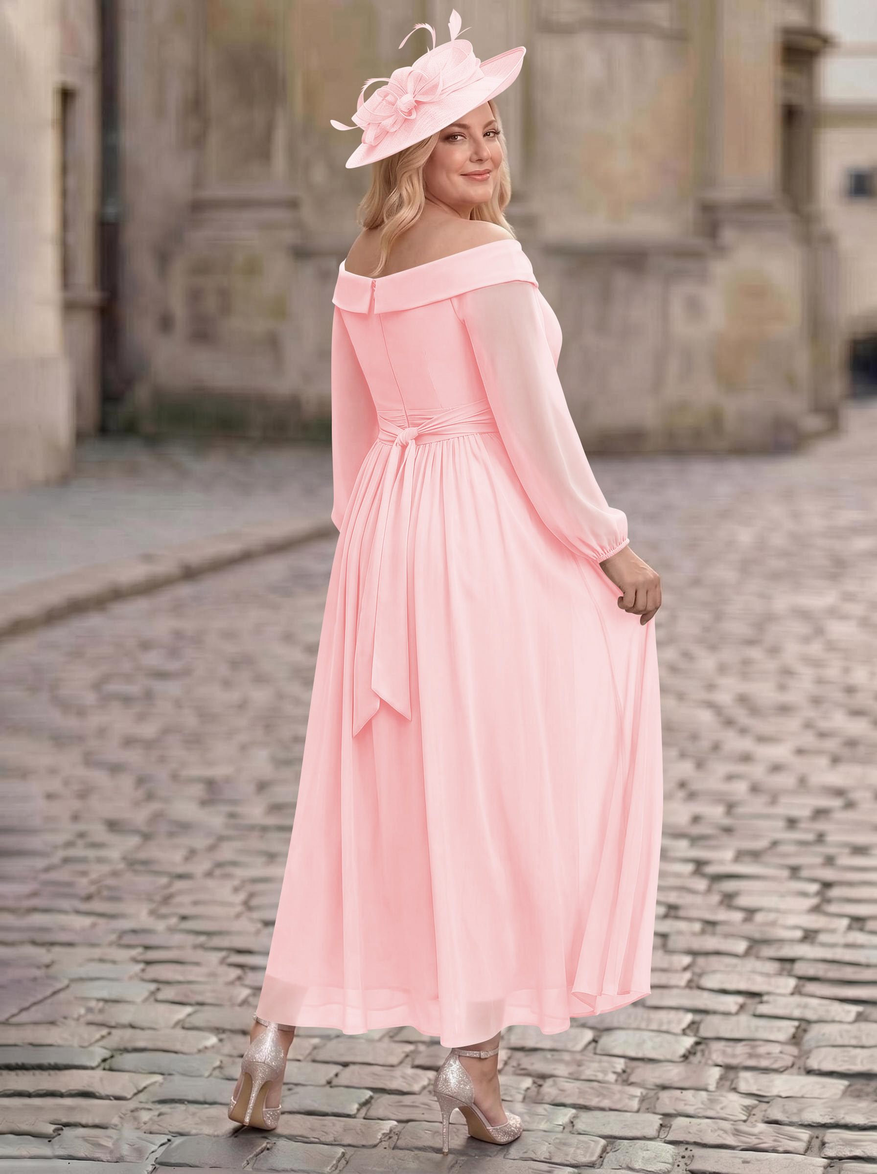 A-Line Off-The-Shoulder Long Sleeves Ankle-Length Chiffon Mother Of The Bride Dresses With Pleated