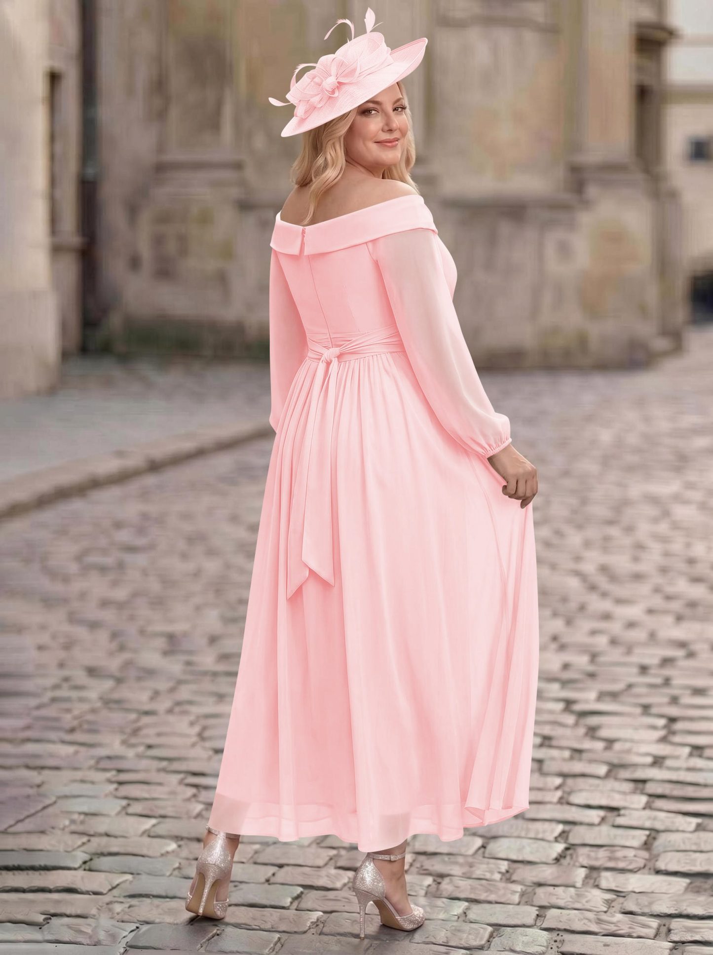 A-Line Off-The-Shoulder Long Sleeves Ankle-Length Chiffon Mother Of The Bride Dresses With Pleated