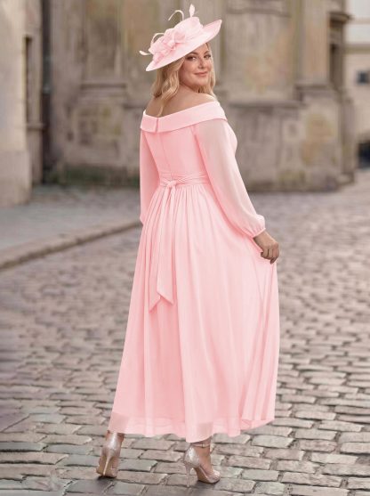 A-Line Off-The-Shoulder Long Sleeves Ankle-Length Chiffon Mother Of The Bride Dresses With Pleated