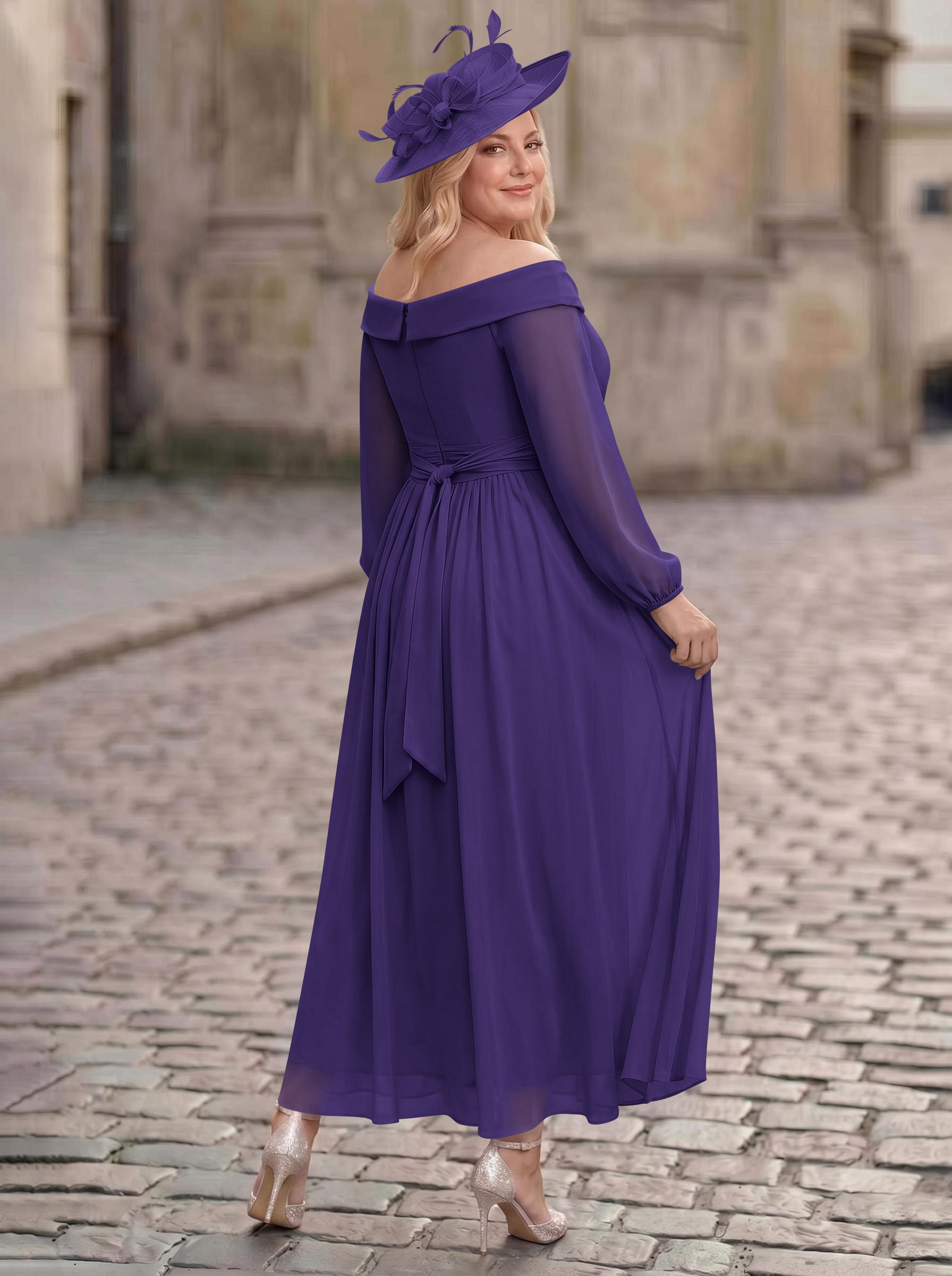 A-Line Off-The-Shoulder Long Sleeves Ankle-Length Chiffon Mother Of The Bride Dresses With Pleated