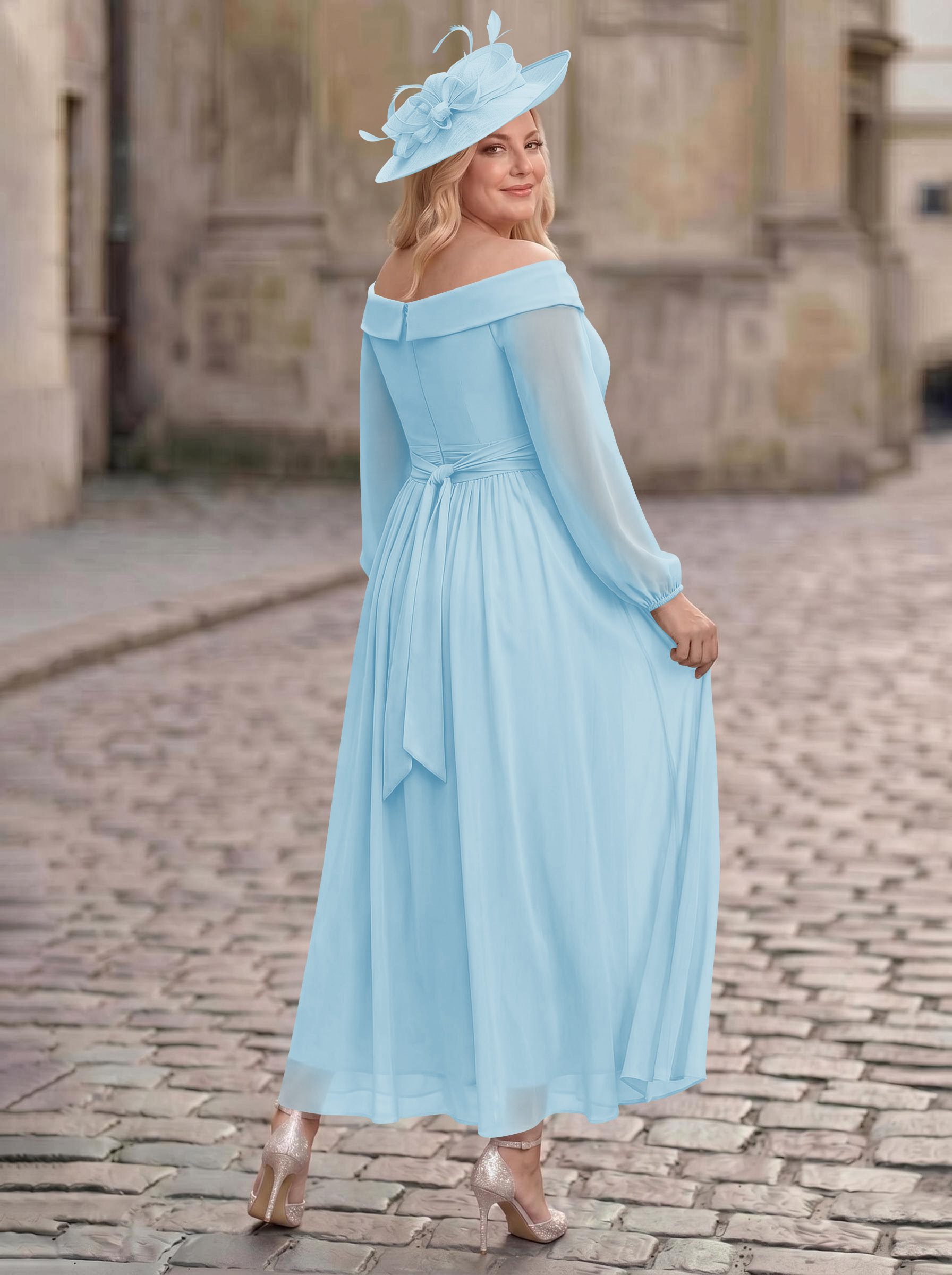 A-Line Off-The-Shoulder Long Sleeves Ankle-Length Chiffon Mother Of The Bride Dresses With Pleated
