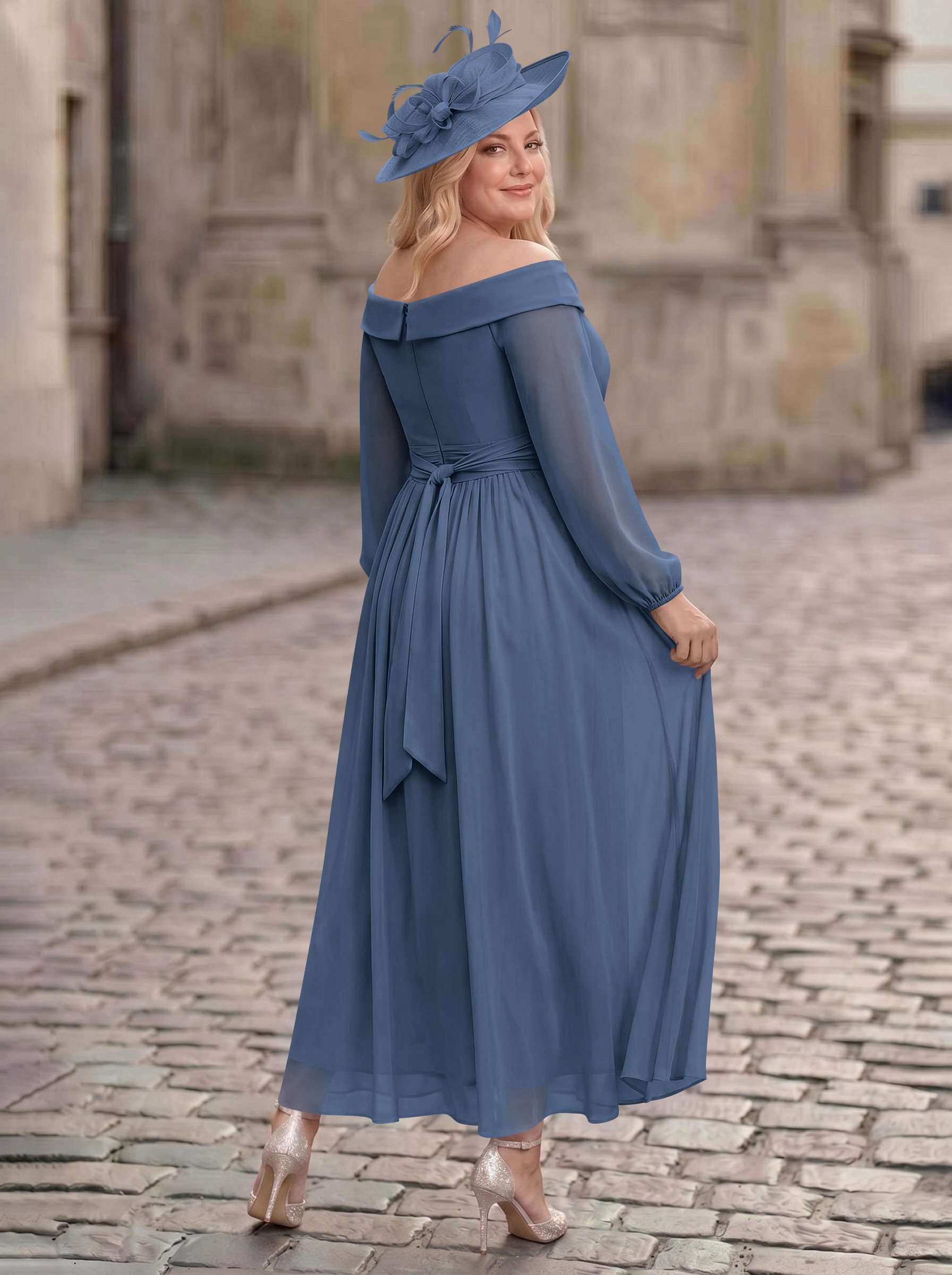 A-Line Off-The-Shoulder Long Sleeves Ankle-Length Chiffon Mother Of The Bride Dresses With Pleated