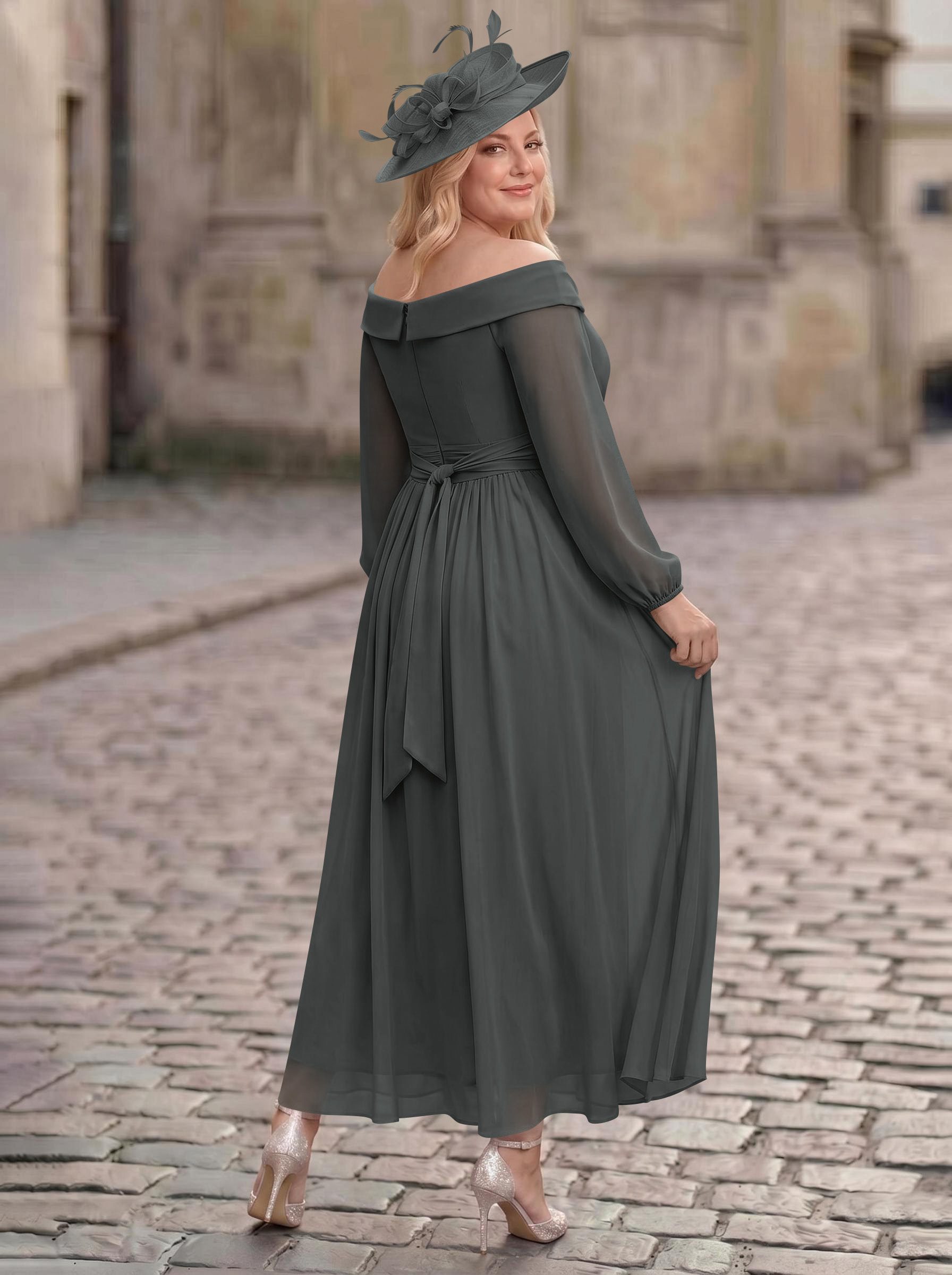 A-Line Off-The-Shoulder Long Sleeves Ankle-Length Chiffon Mother Of The Bride Dresses With Pleated