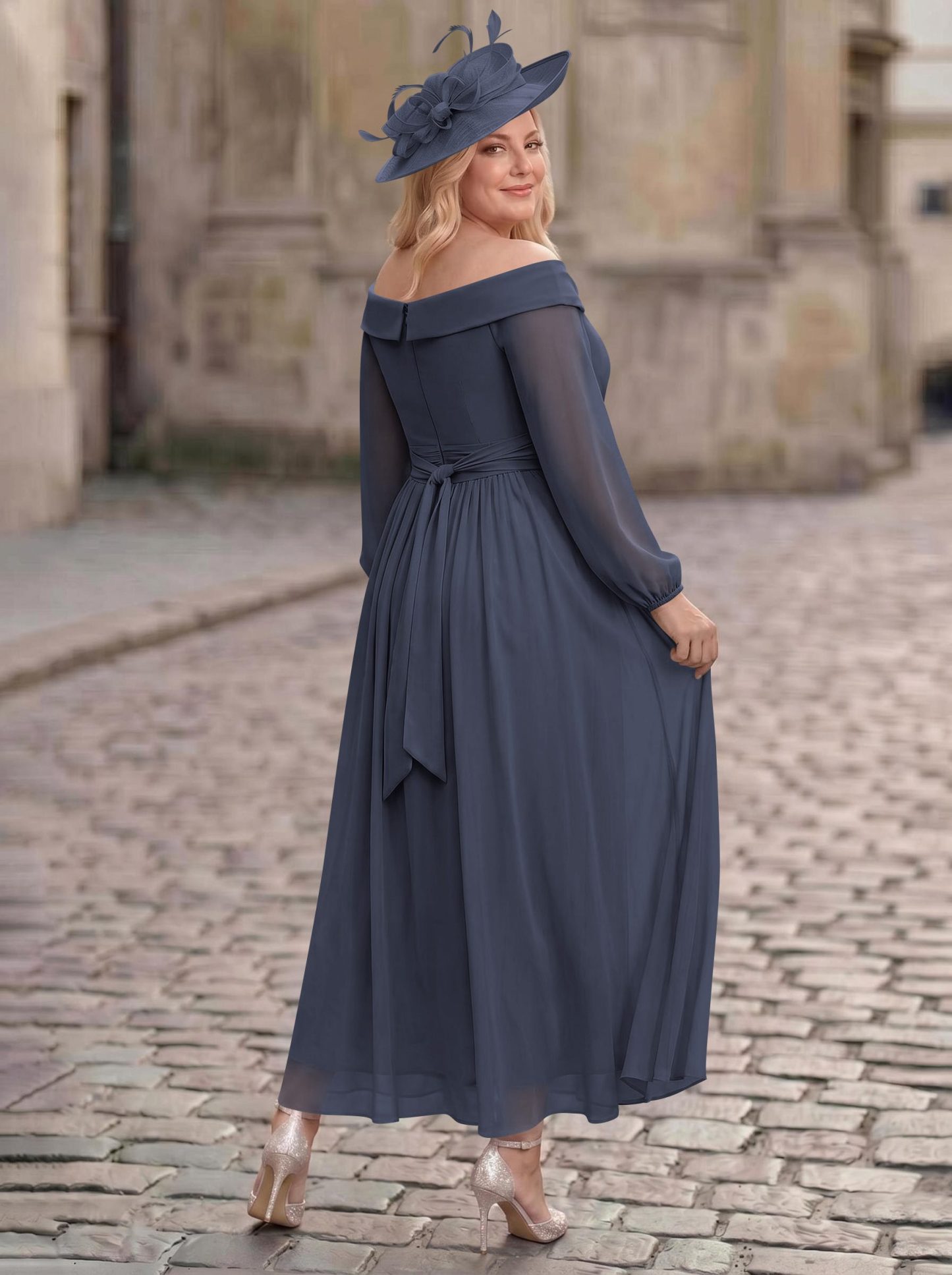 A-Line Off-The-Shoulder Long Sleeves Ankle-Length Chiffon Mother Of The Bride Dresses With Pleated