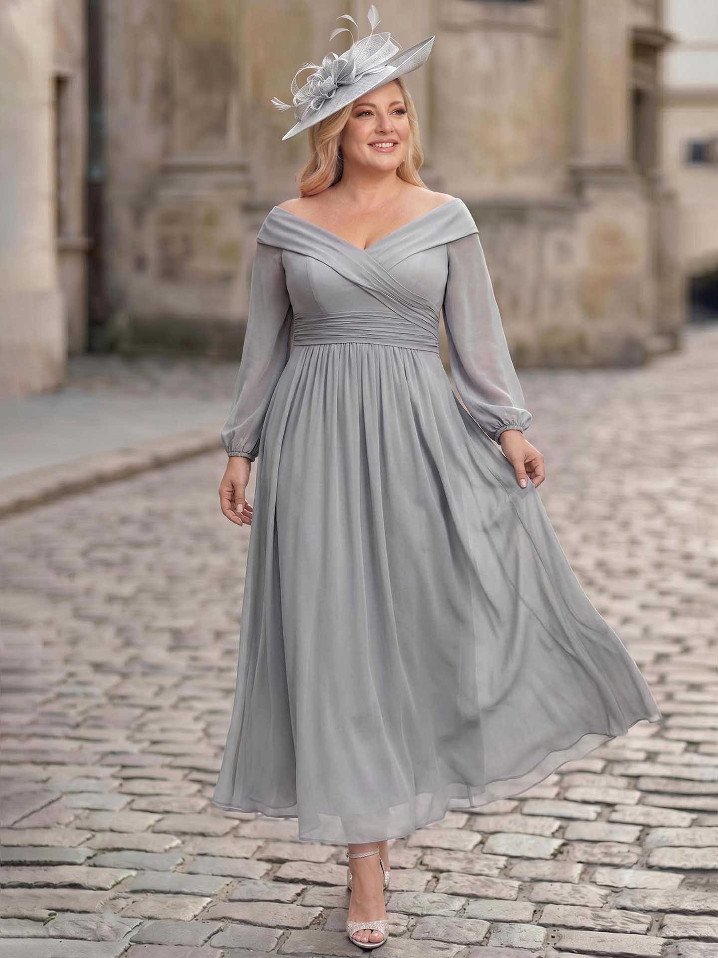A-Line Off-The-Shoulder Long Sleeves Ankle-Length Chiffon Mother Of The Bride Dresses With Pleated