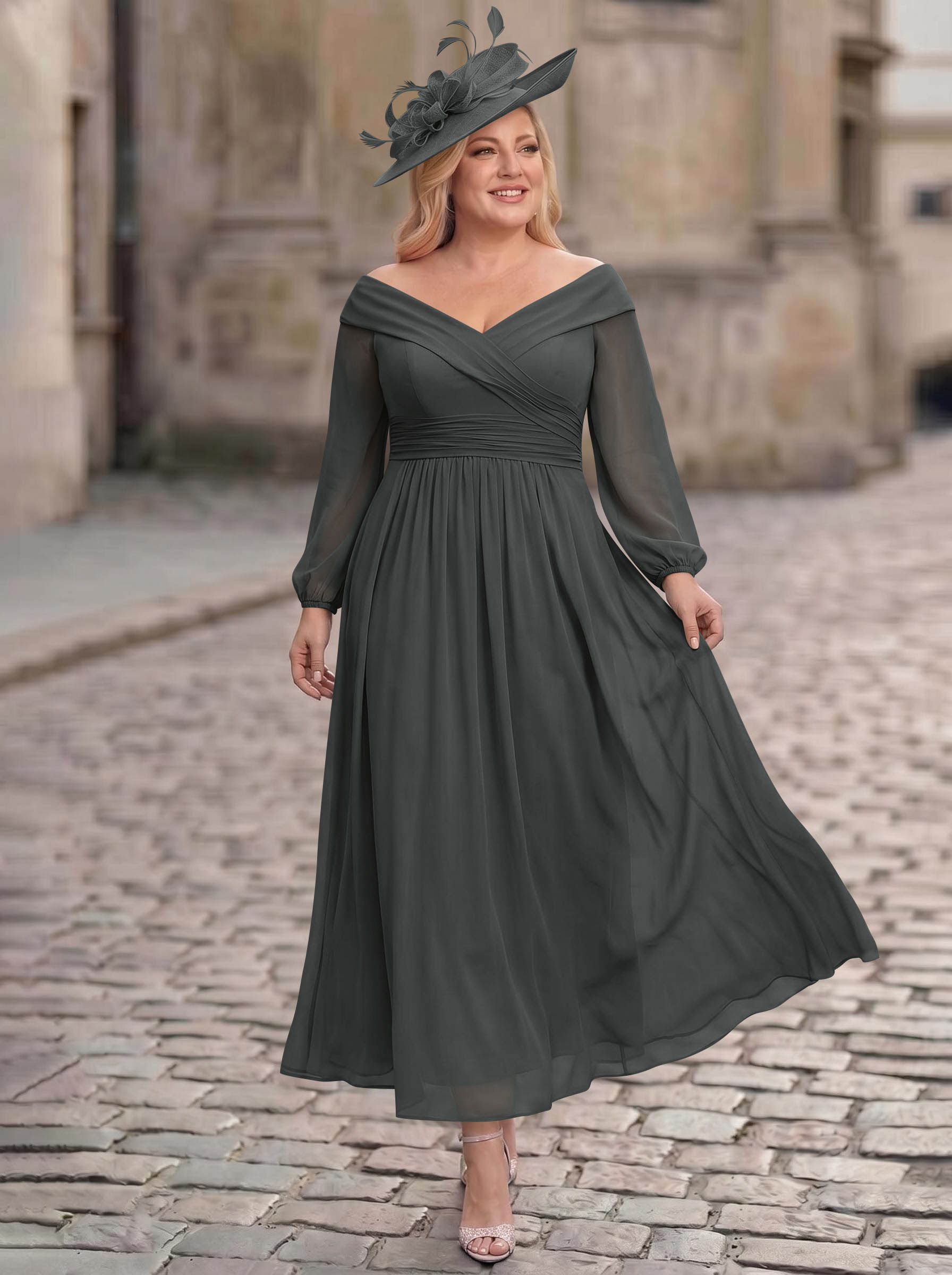 A-Line Off-The-Shoulder Long Sleeves Ankle-Length Chiffon Mother Of The Bride Dresses With Pleated