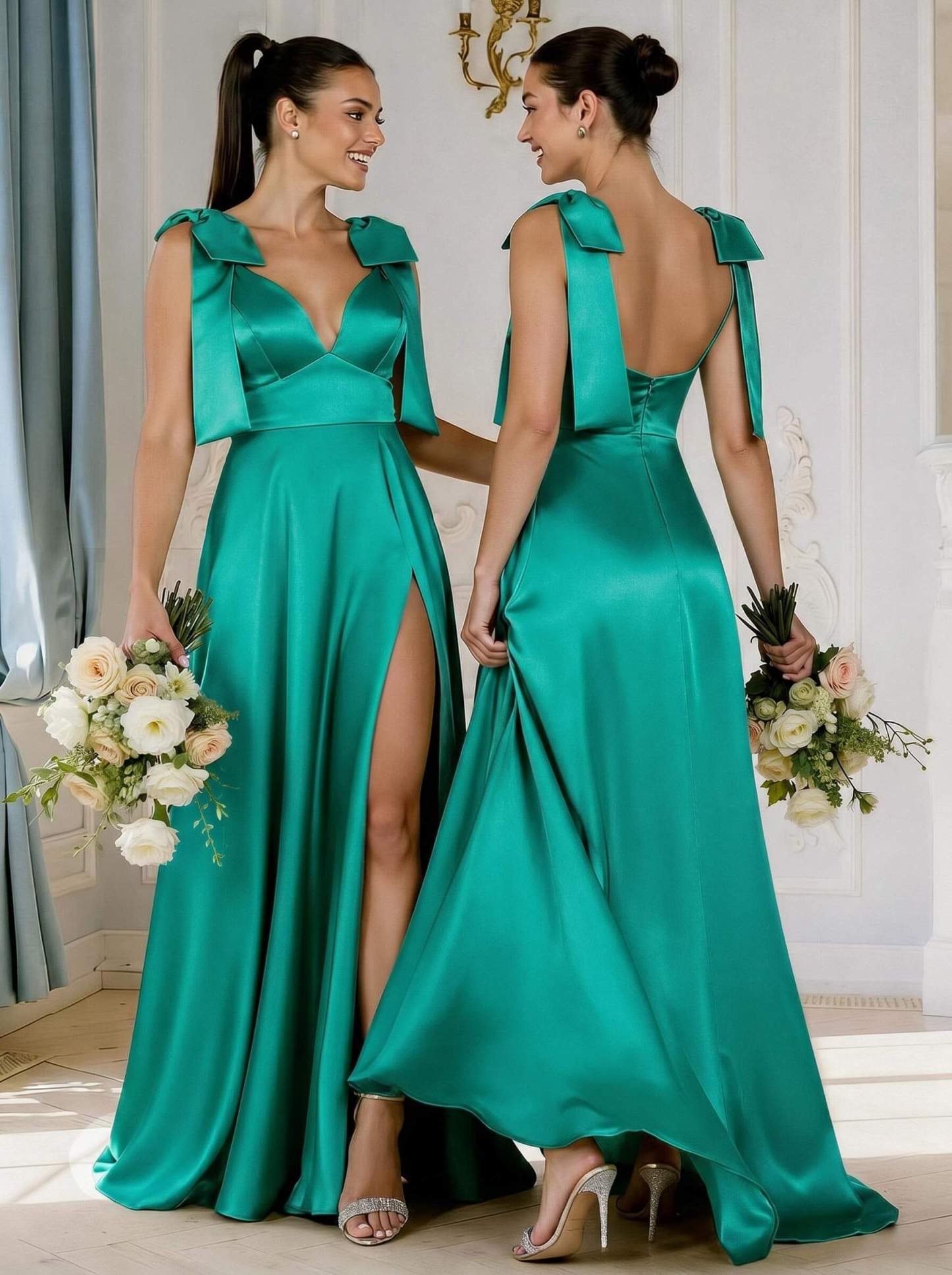 A-Line Plunge Neck Sleeveless Floor-Length Satin Bridesmaid Dresses With Bow(s)/High Split, product image 42