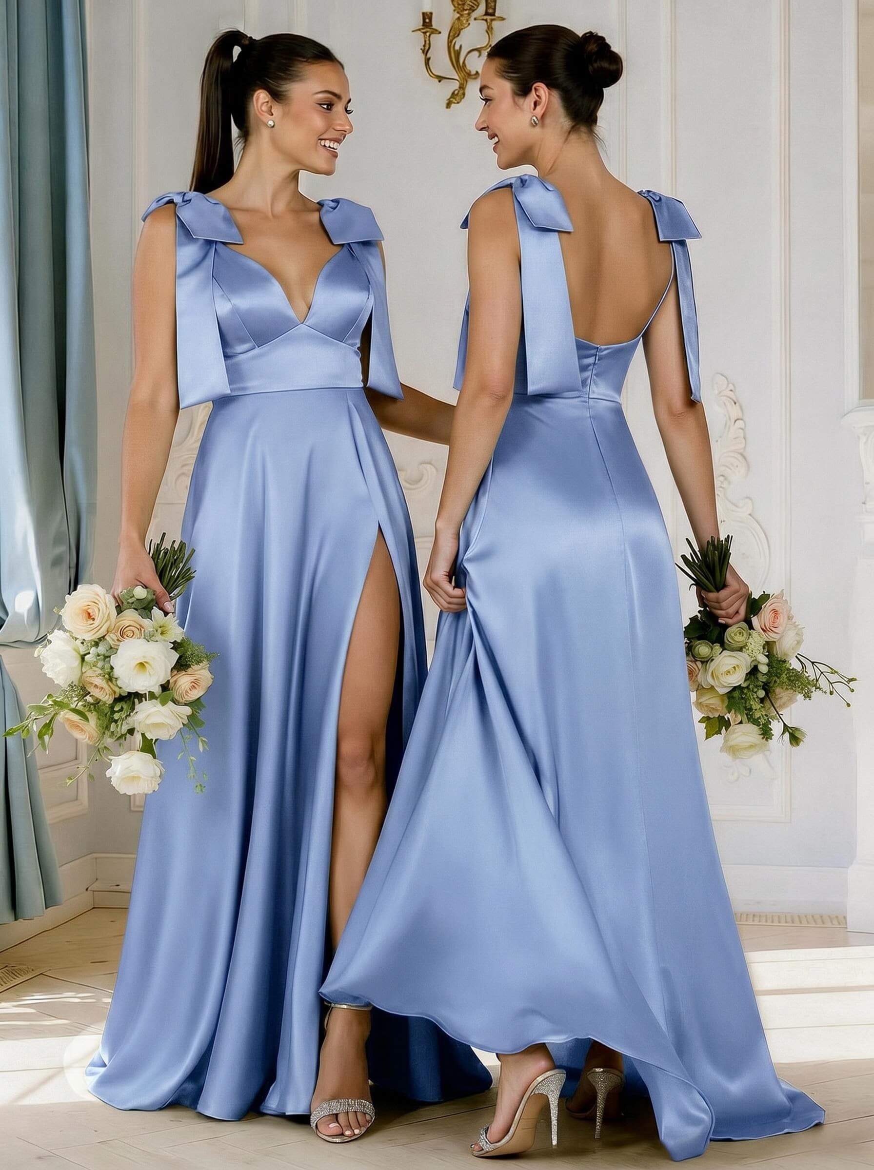 A-Line Plunge Neck Sleeveless Floor-Length Satin Bridesmaid Dresses With Bow(s)/High Split, product image 11