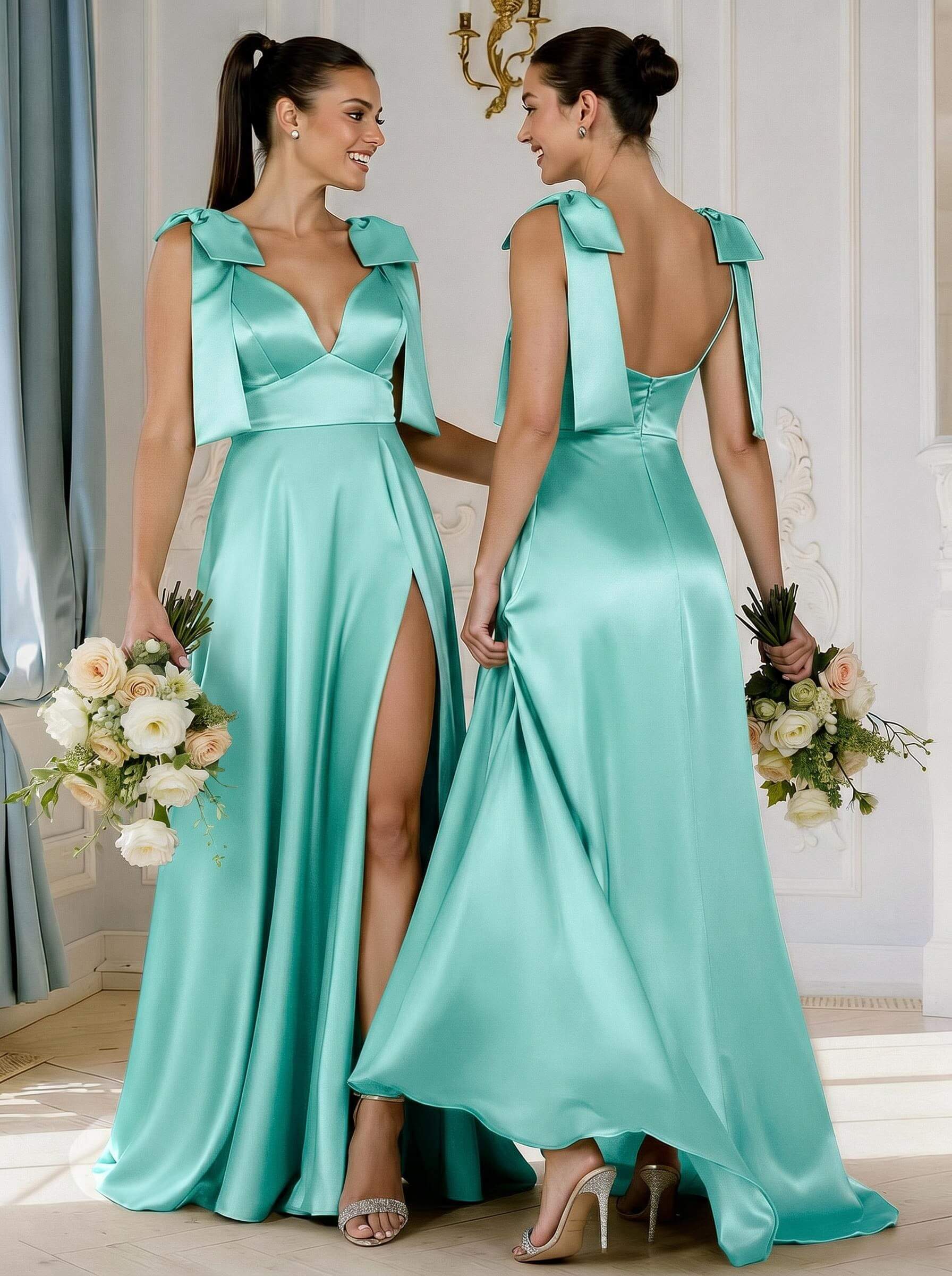 A-Line Plunge Neck Sleeveless Floor-Length Satin Bridesmaid Dresses With Bow(s)/High Split, product image 45