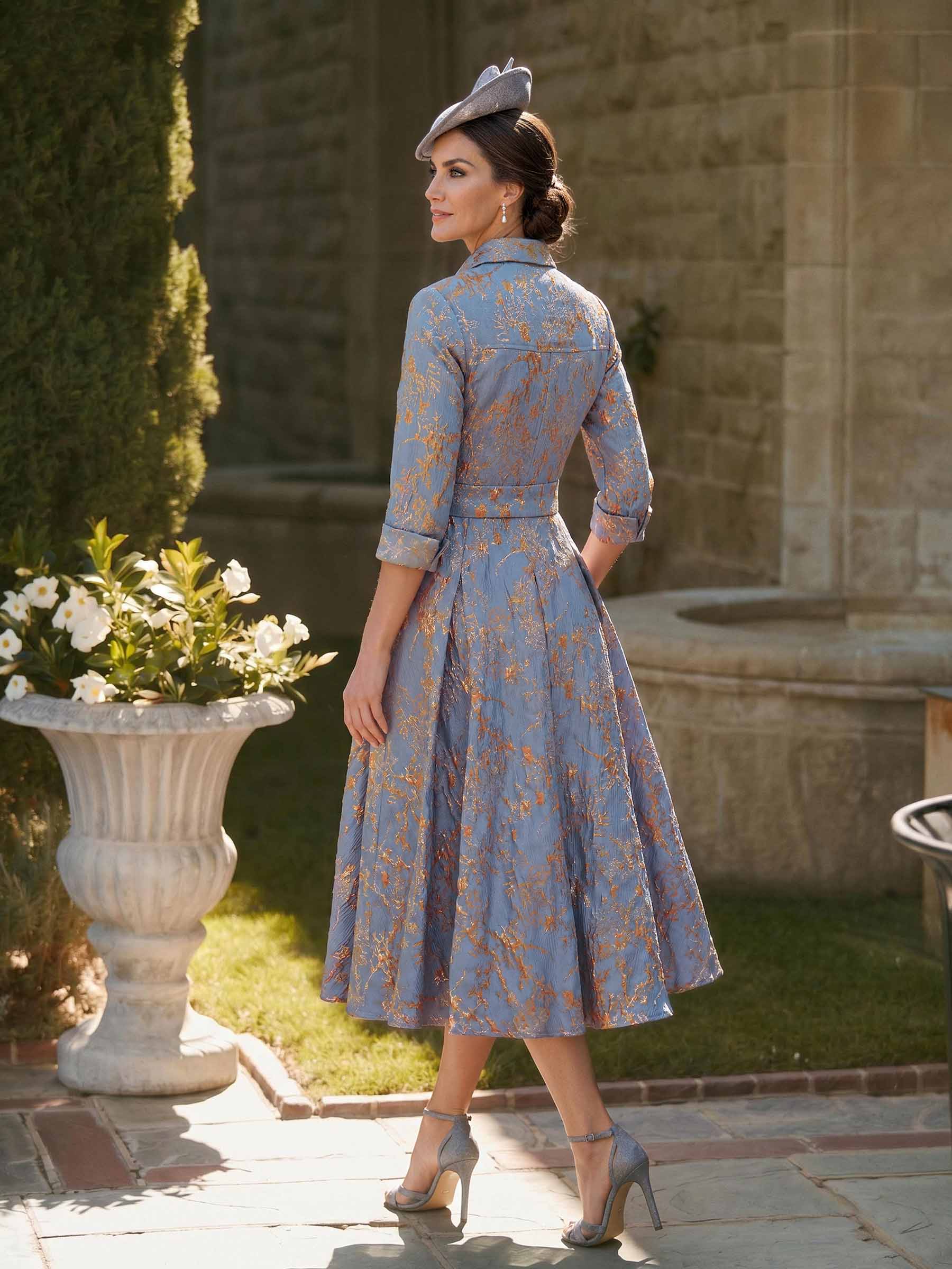A-Line High Neck 3/4 Sleeves Tea-Length Jacquard Mother Of The Bride Dresses With Sash, image 2