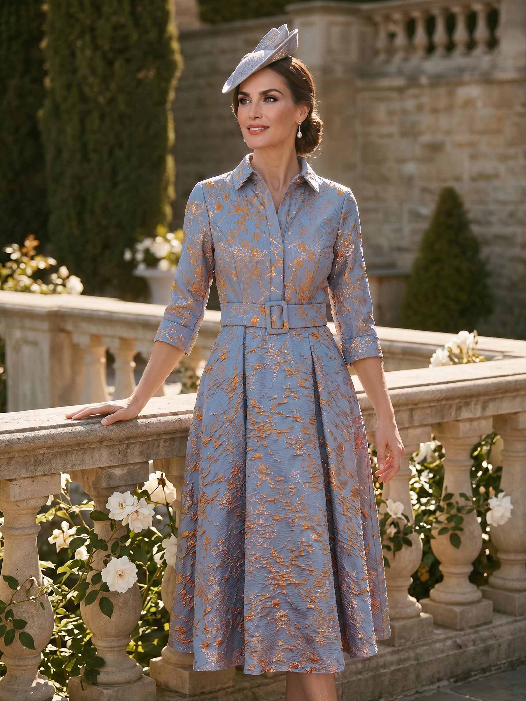 A-Line High Neck 3/4 Sleeves Tea-Length Jacquard Mother Of The Bride Dresses With Sash, image 3