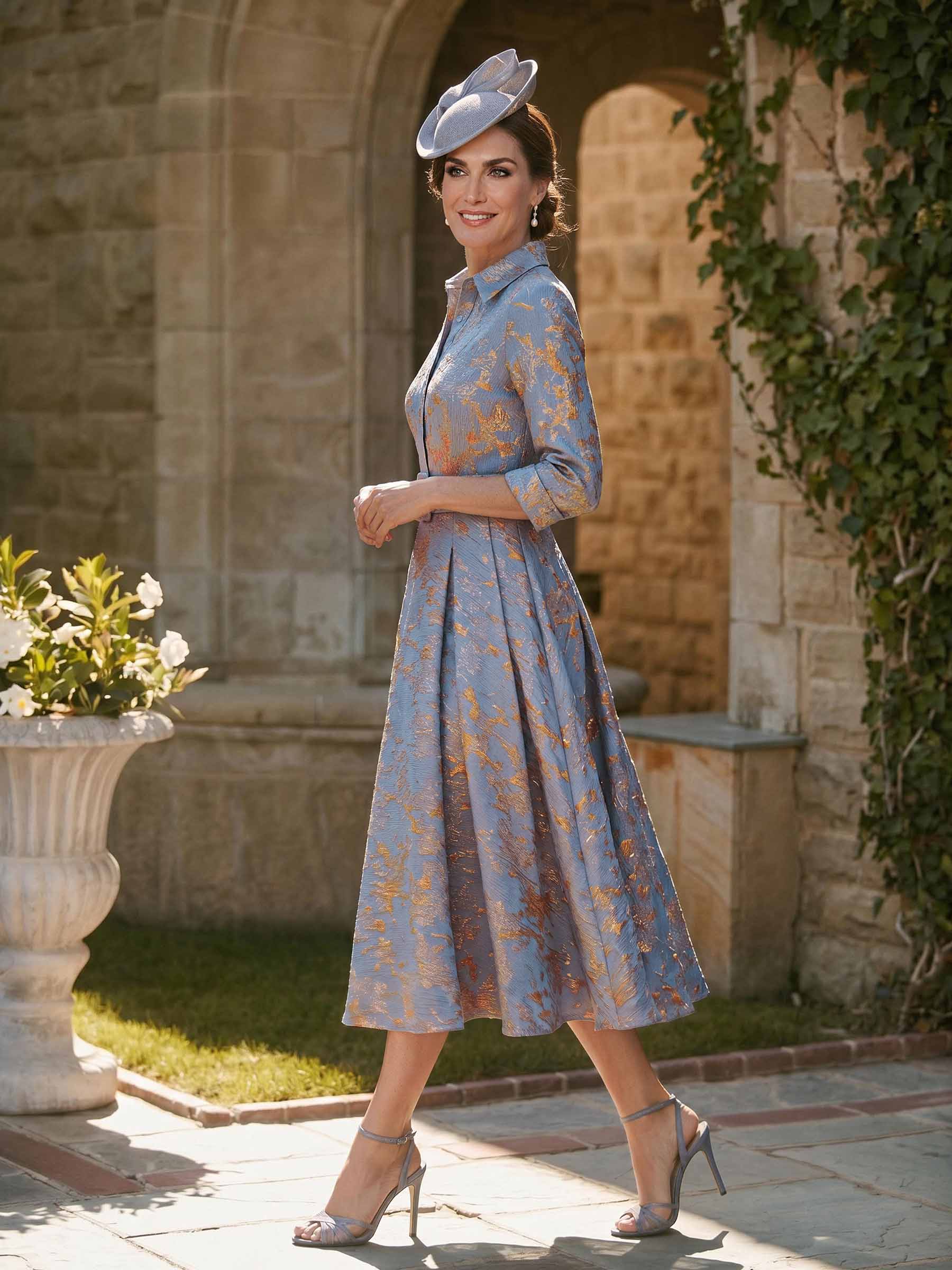 A-Line High Neck 3/4 Sleeves Tea-Length Jacquard Mother Of The Bride Dresses With Sash, image 4