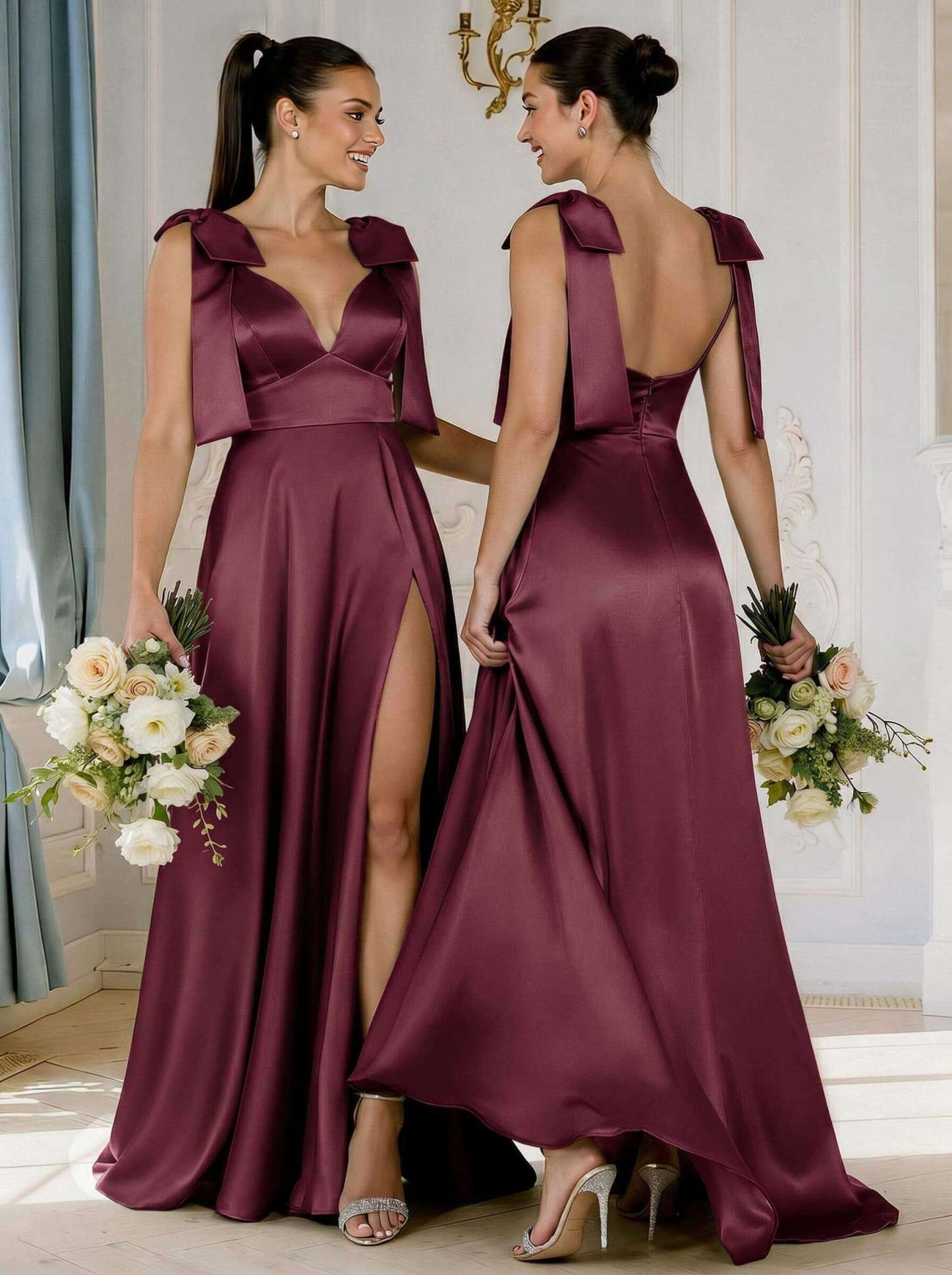 A-Line Plunge Neck Sleeveless Floor-Length Satin Bridesmaid Dresses With Bow(s)/High Split, product image 14