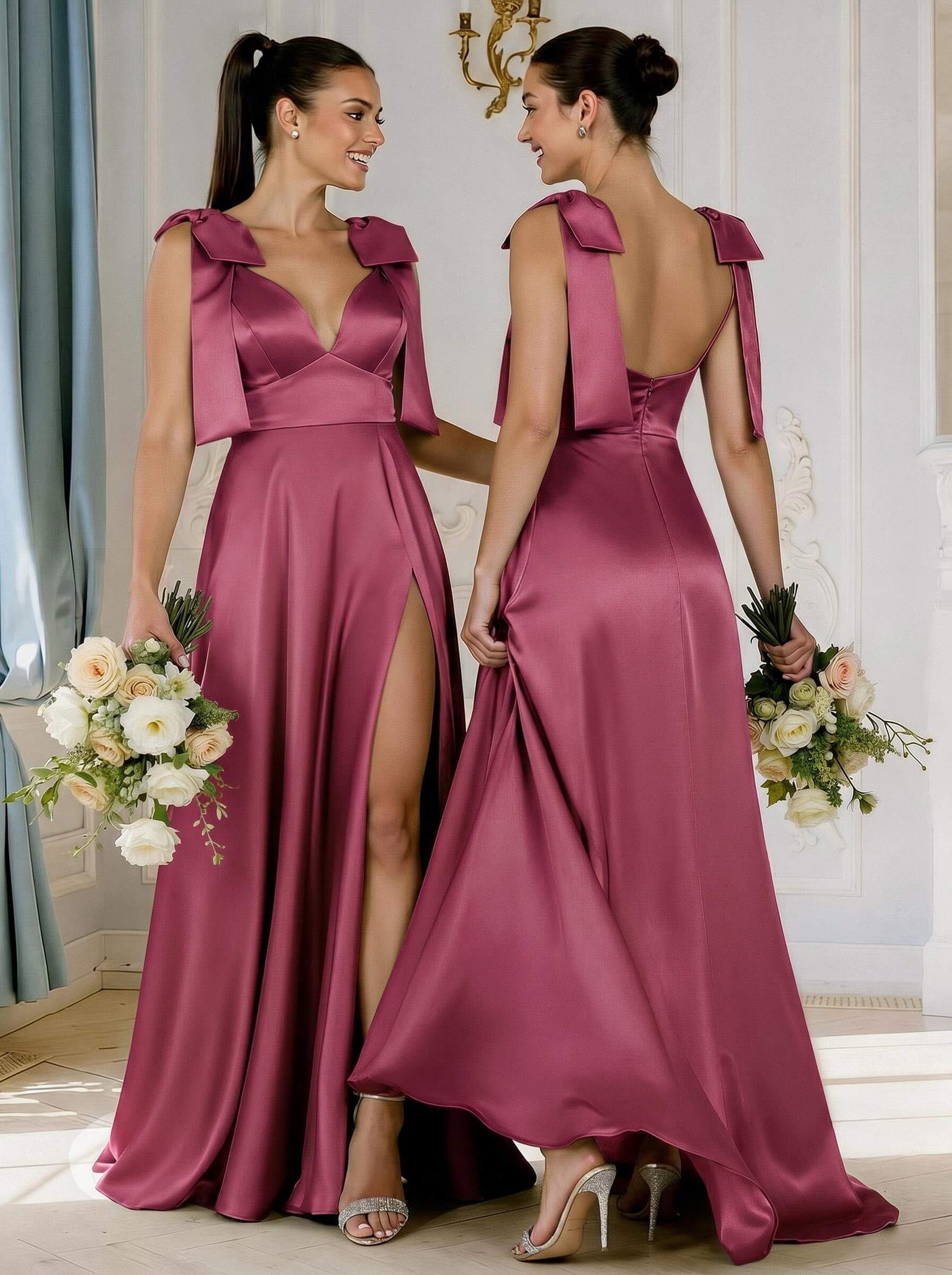 A-Line Plunge Neck Sleeveless Floor-Length Satin Bridesmaid Dresses With Bow(s)/High Split, product image 16