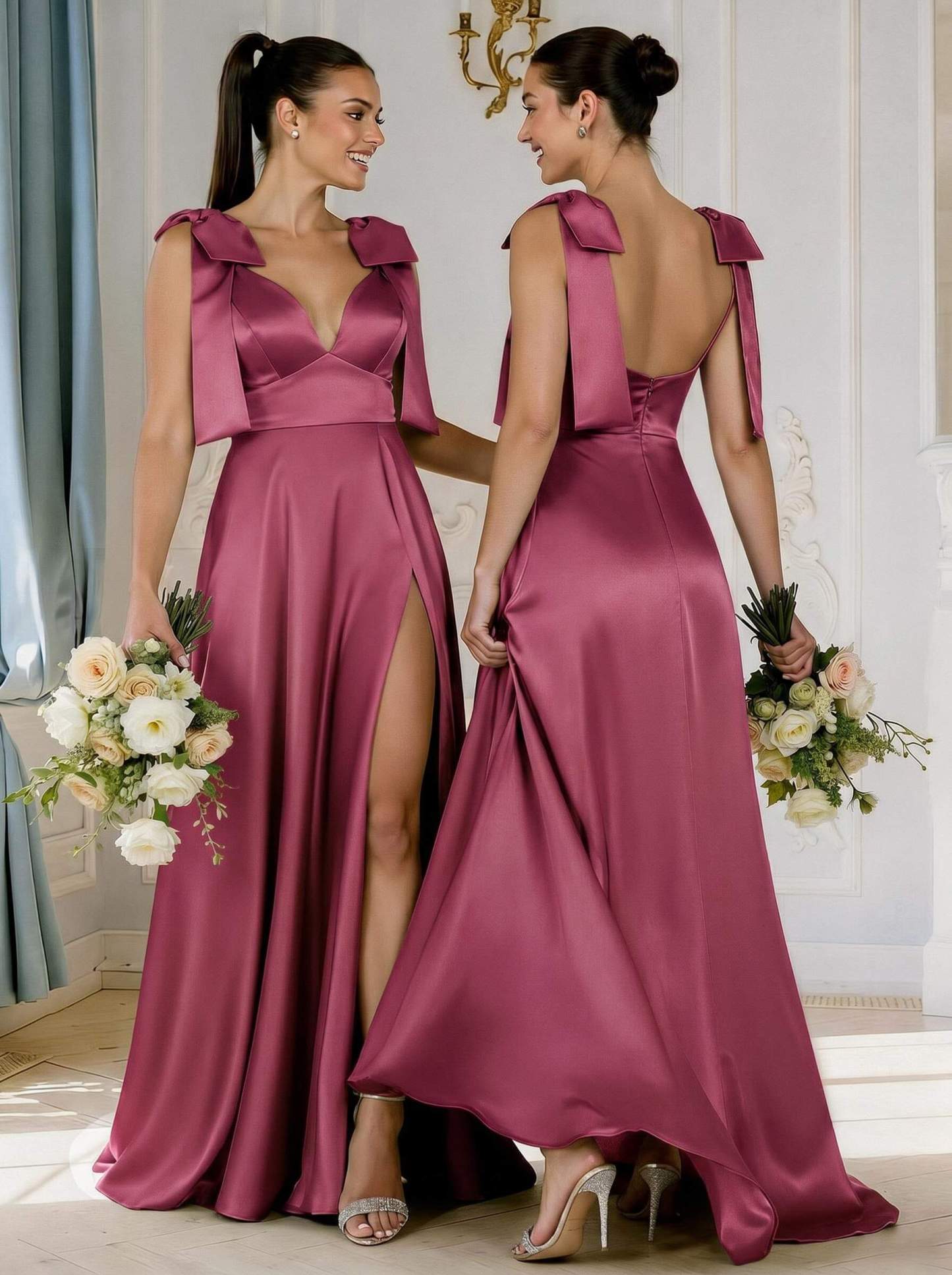 A-Line Plunge Neck Sleeveless Floor-Length Satin Bridesmaid Dresses With Bow(s)/High Split, product image 16