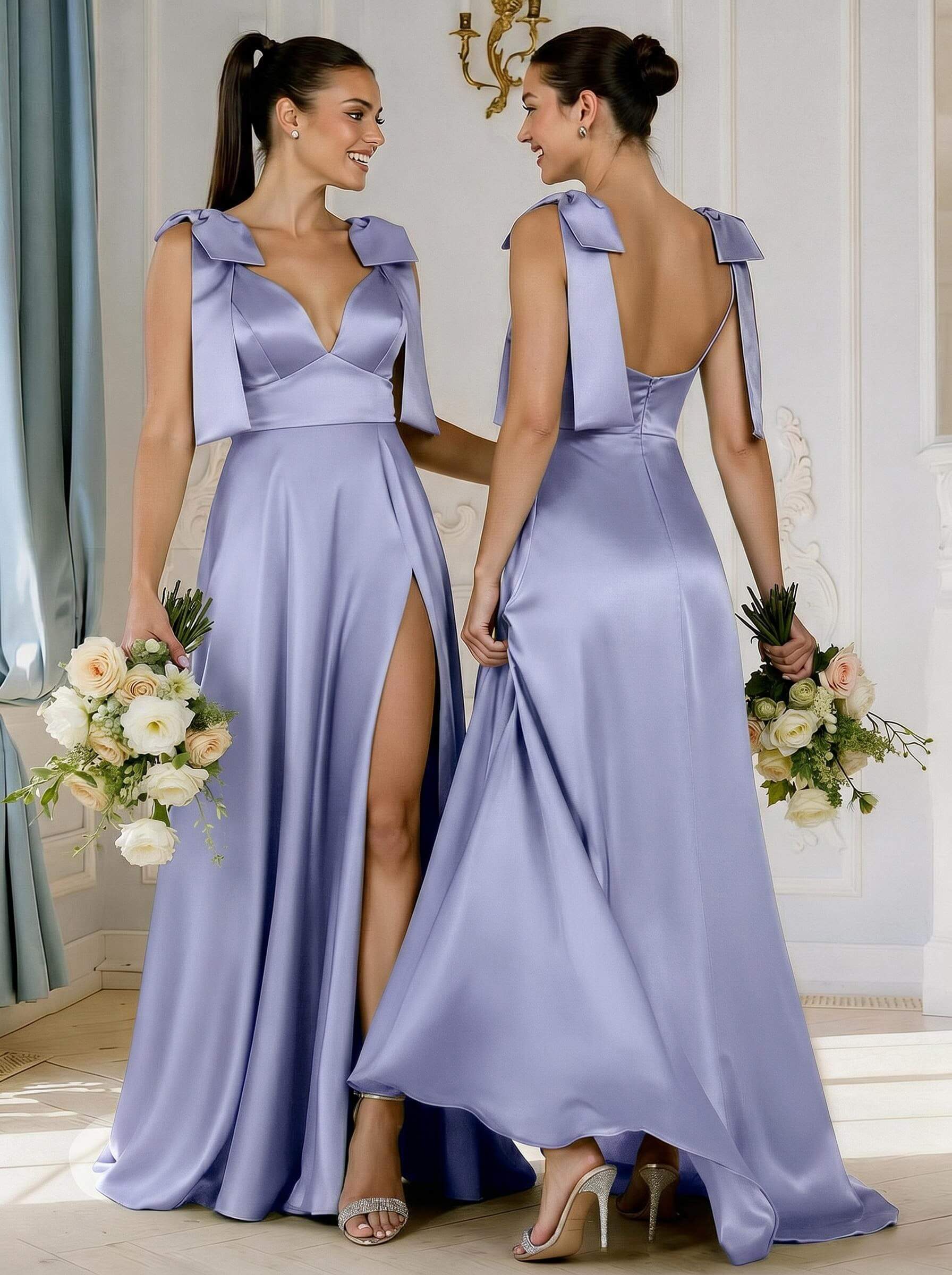 A-Line Plunge Neck Sleeveless Floor-Length Satin Bridesmaid Dresses With Bow(s)/High Split, product image 33