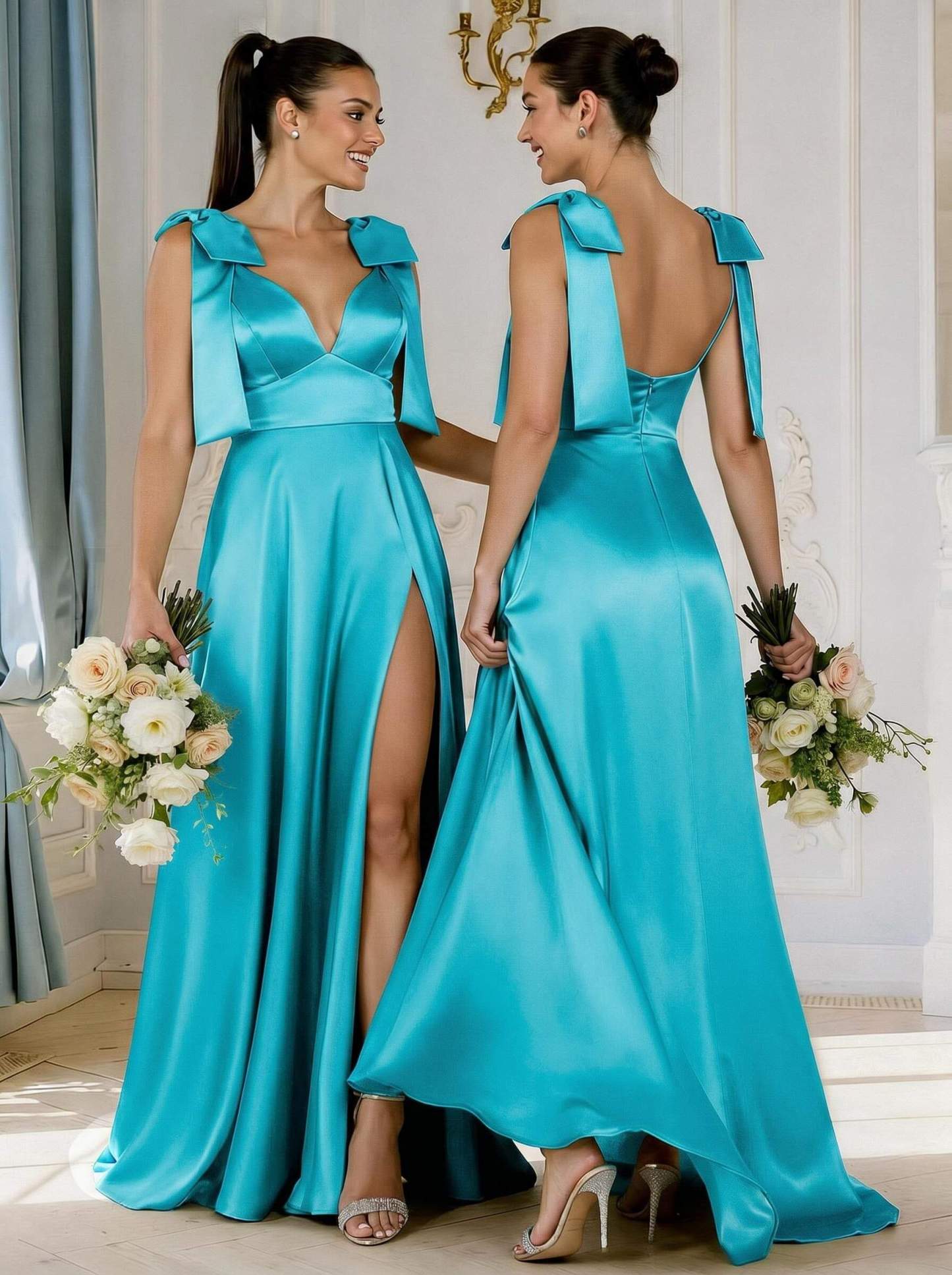 A-Line Plunge Neck Sleeveless Floor-Length Satin Bridesmaid Dresses With Bow(s)/High Split, product image 10