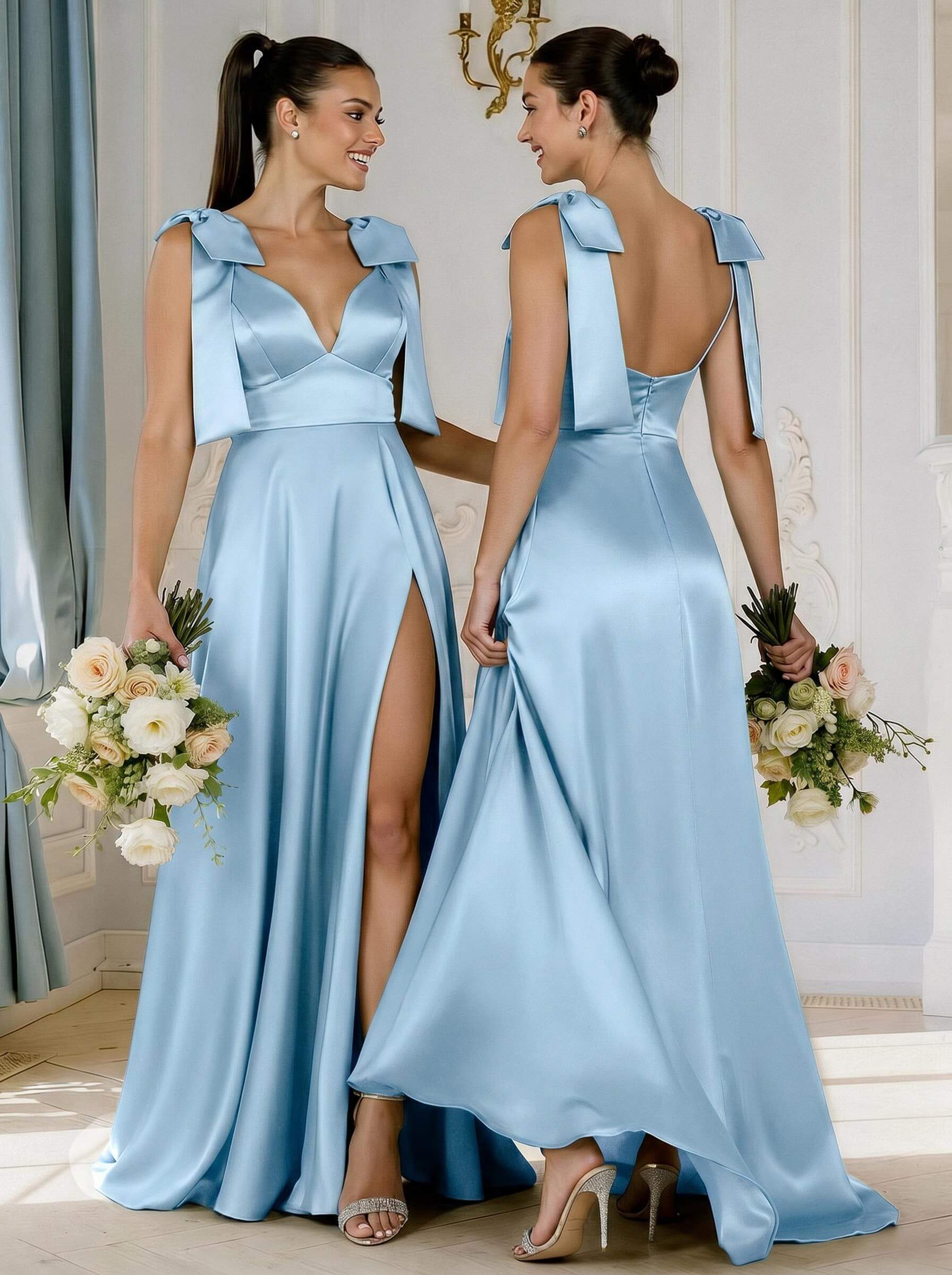 A-Line Plunge Neck Sleeveless Floor-Length Satin Bridesmaid Dresses With Bow(s)/High Split, product image 12