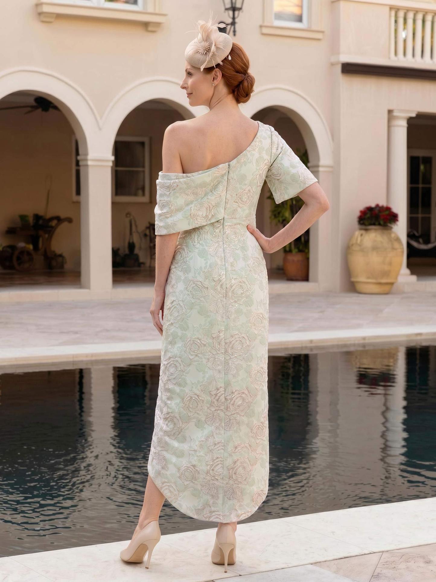 Sheath/Column One-Shoulder 1/2 Sleeves Tea-Length Jacquard Mother Of The Bride Dresses, image 3