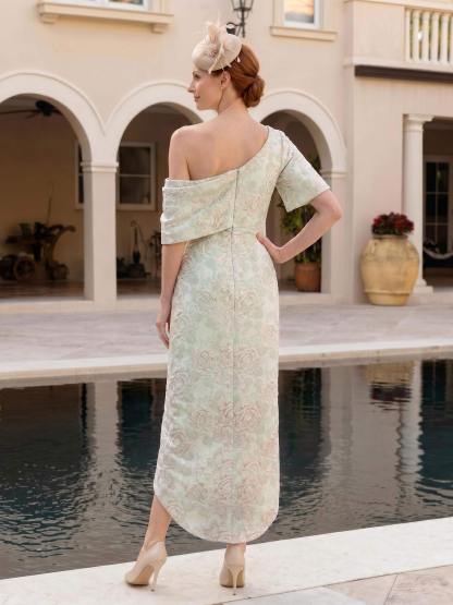 Sheath/Column One-Shoulder 1/2 Sleeves Tea-Length Jacquard Mother Of The Bride Dresses, image 3