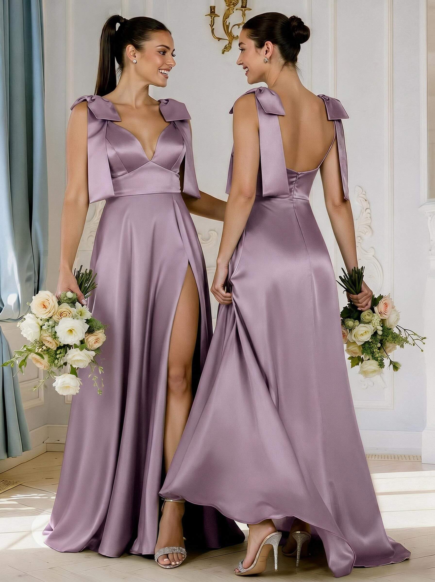 A-Line Plunge Neck Sleeveless Floor-Length Satin Bridesmaid Dresses With Bow(s)/High Split, product image 29