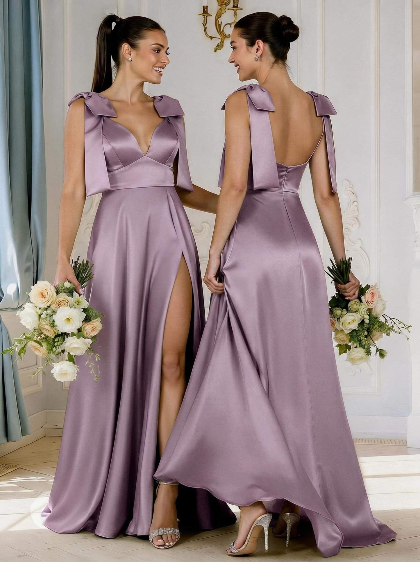 A-Line Plunge Neck Sleeveless Floor-Length Satin Bridesmaid Dresses With Bow(s)/High Split, product image 29