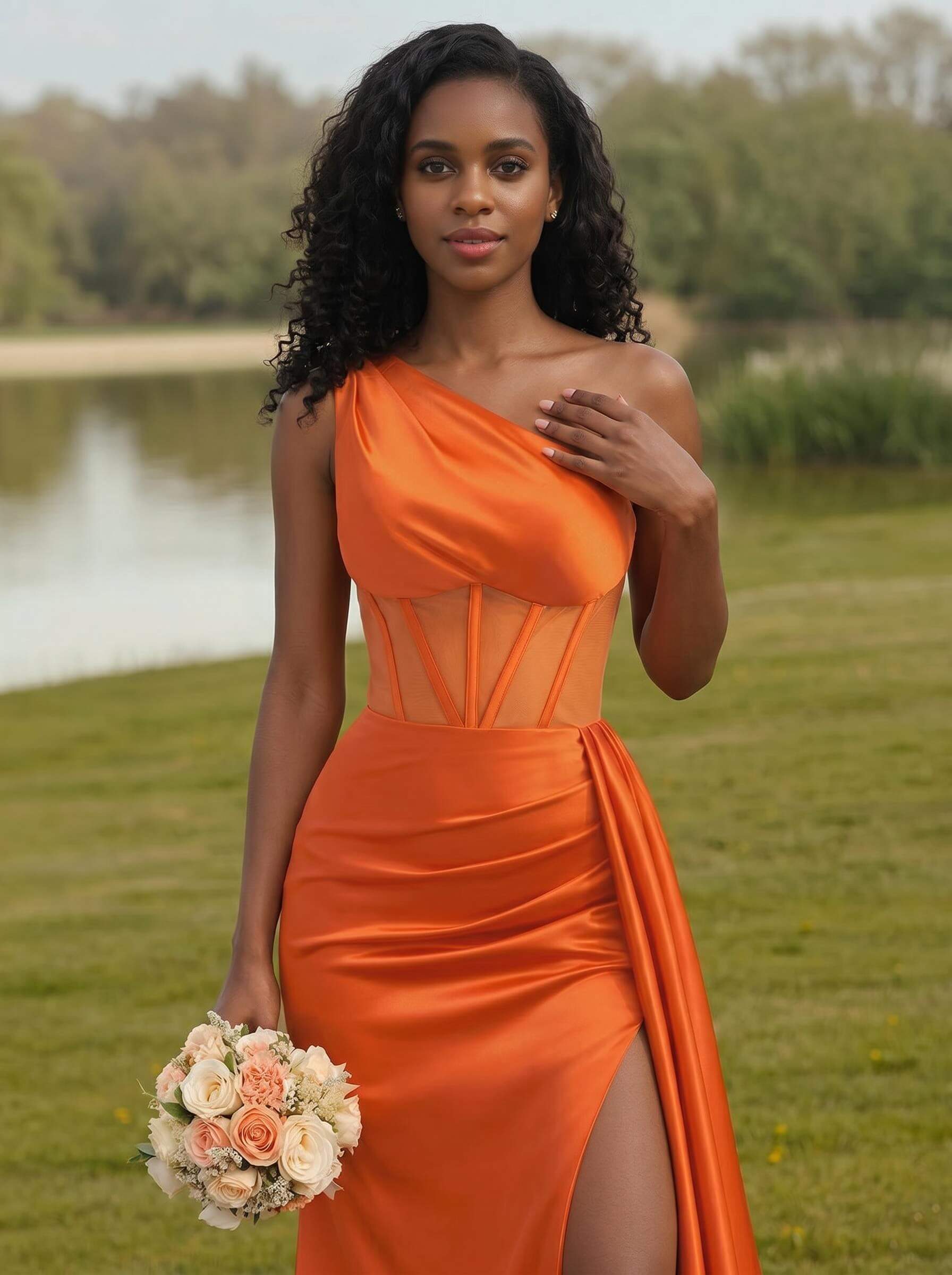 Trumpet/Mermaid One-Shoulder Silk Like Satin Bridesmaid Dresses With High Split, product image 4
