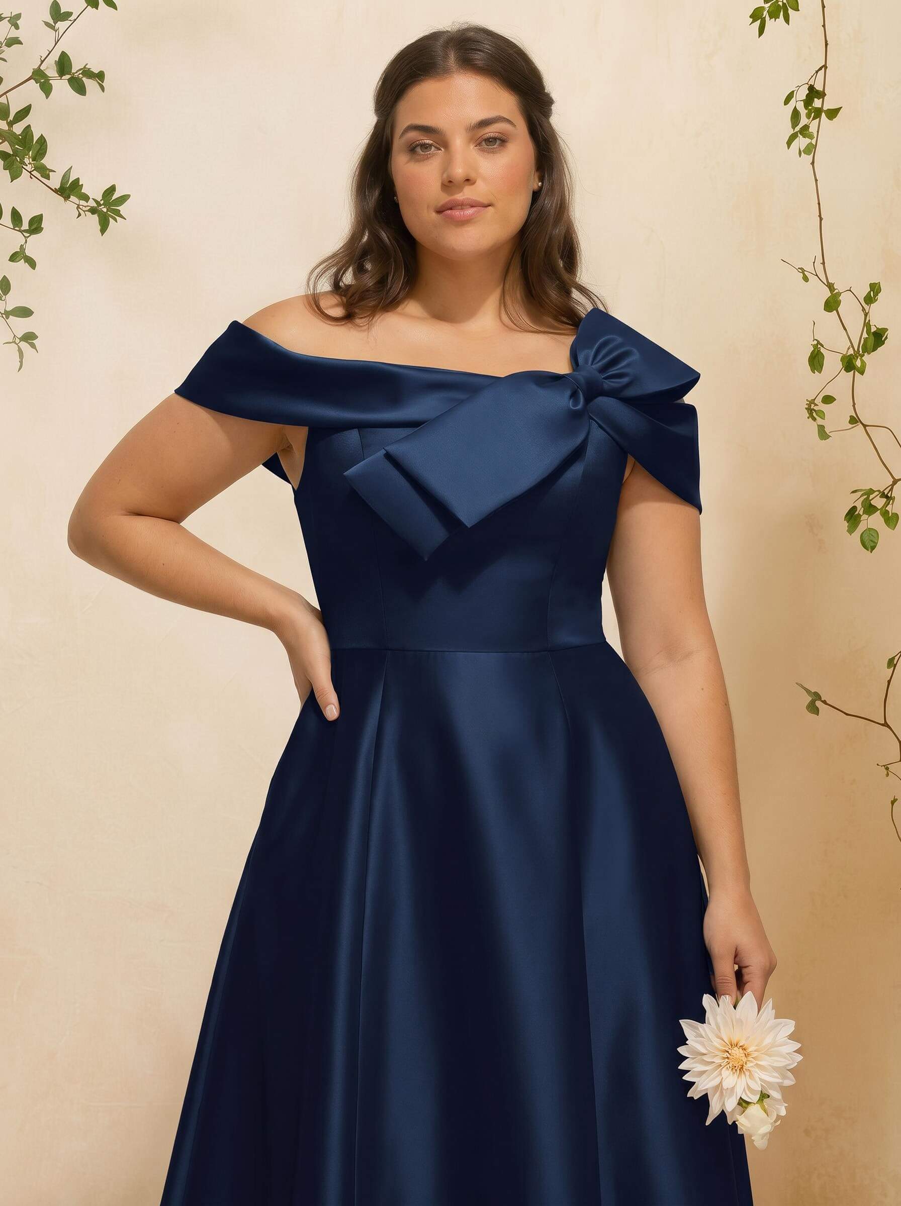 A-Line Off-The-Shoulder Sleeveless Floor-Length Satin Bridesmaid Dresses With Bow(s), product image 3