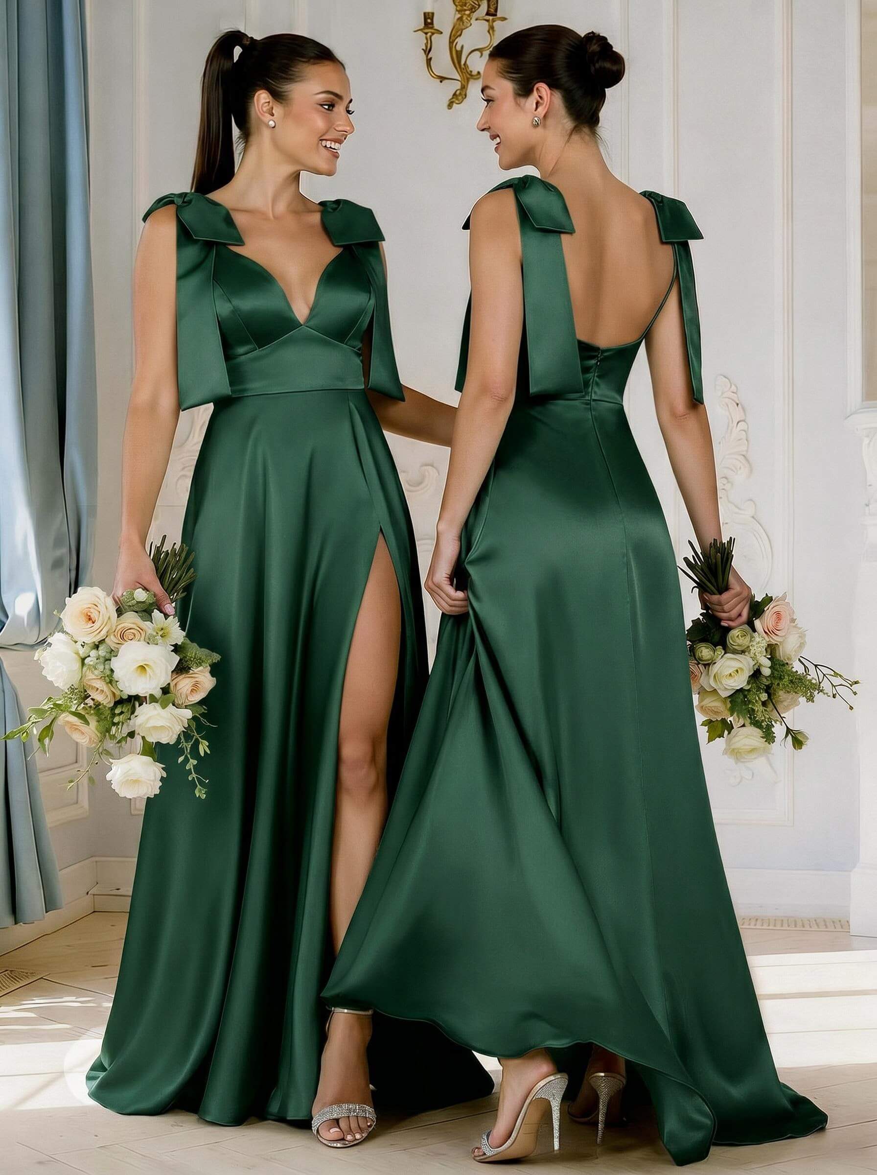 A-Line Plunge Neck Sleeveless Floor-Length Satin Bridesmaid Dresses With Bow(s)/High Split, product image 40