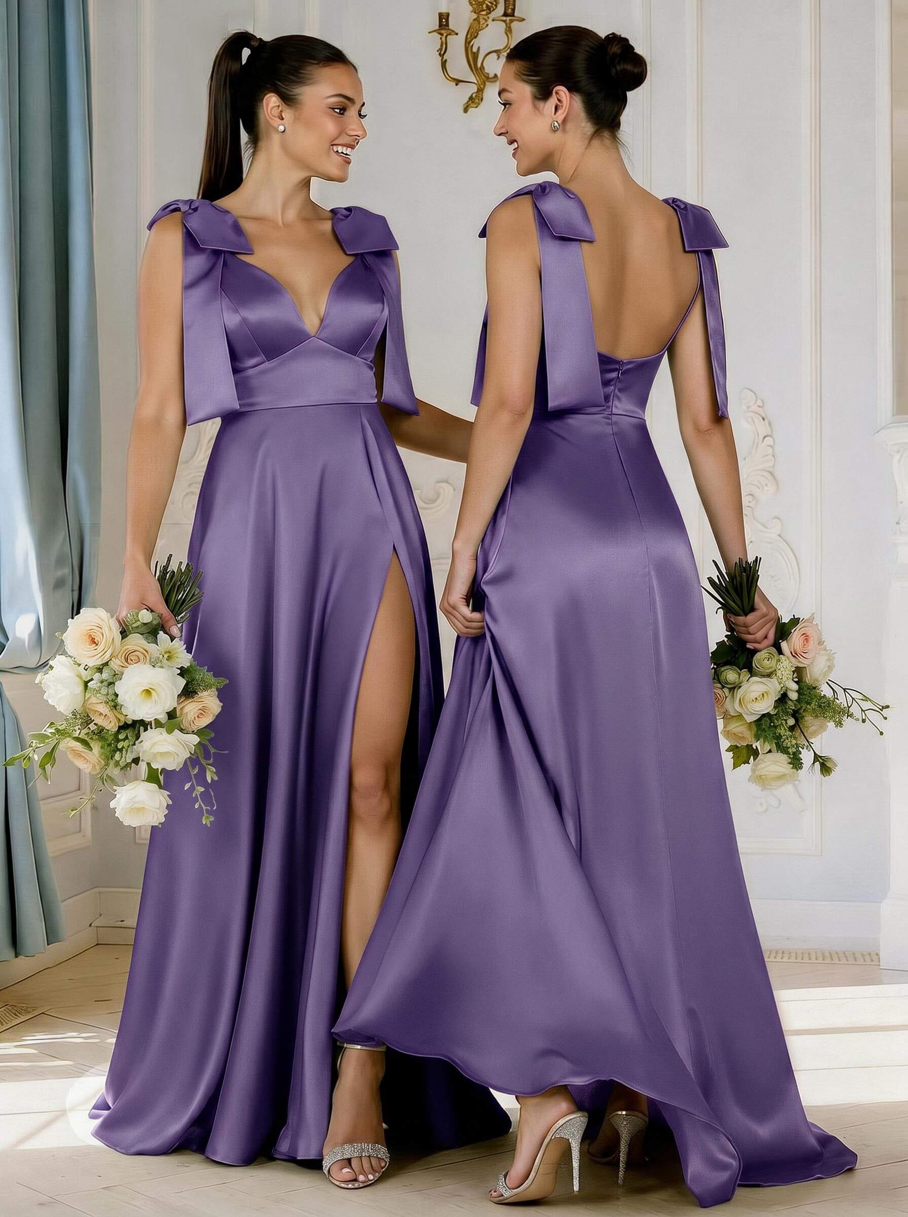 A-Line Plunge Neck Sleeveless Floor-Length Satin Bridesmaid Dresses With Bow(s)/High Split, product image 34