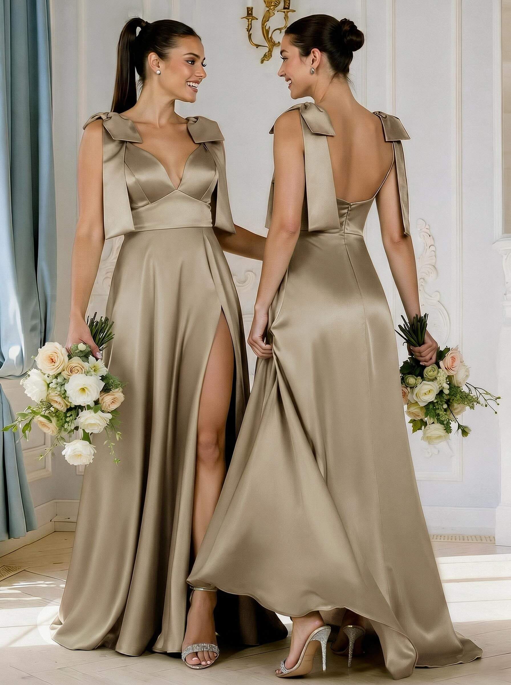 A-Line Plunge Neck Sleeveless Floor-Length Satin Bridesmaid Dresses With Bow(s)/High Split, product image 47