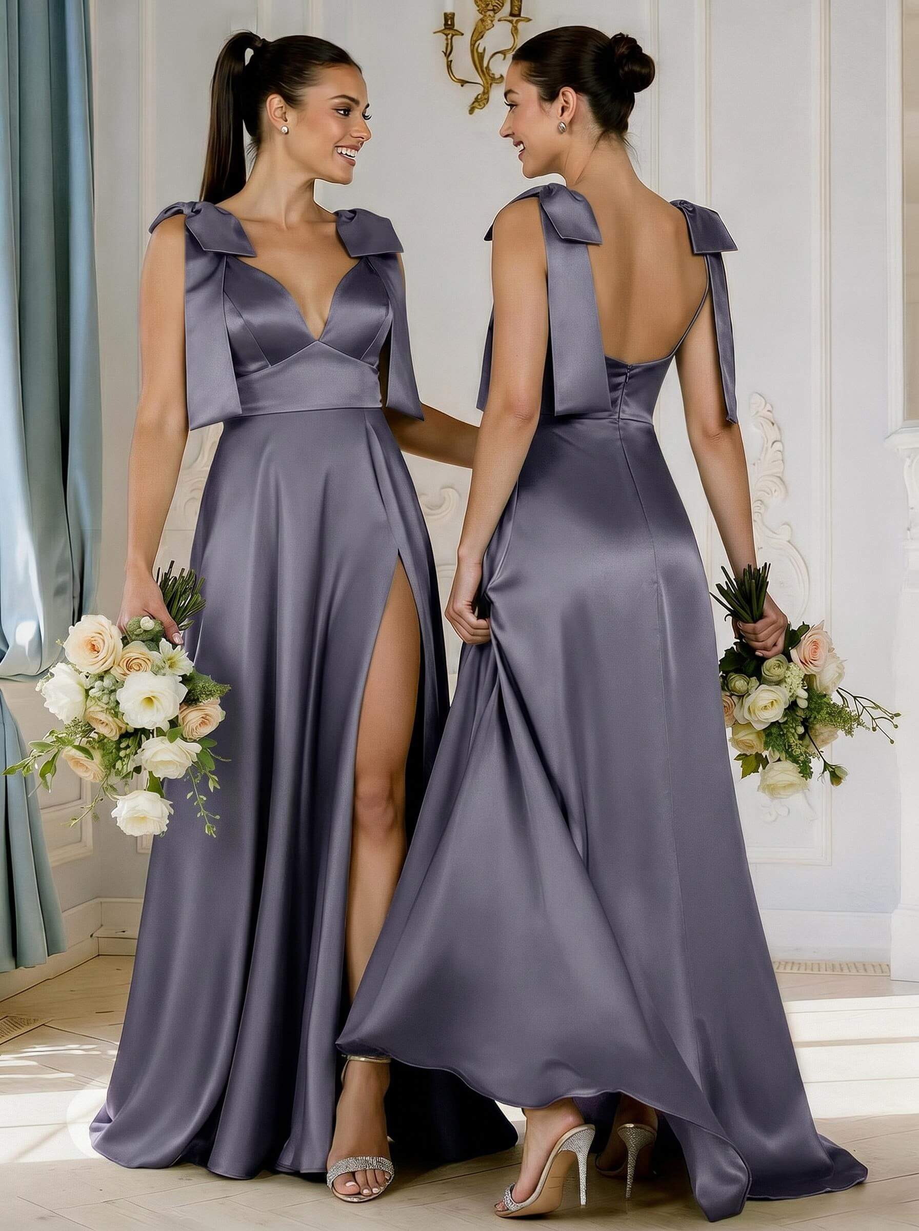 A-Line Plunge Neck Sleeveless Floor-Length Satin Bridesmaid Dresses With Bow(s)/High Split, product image 6